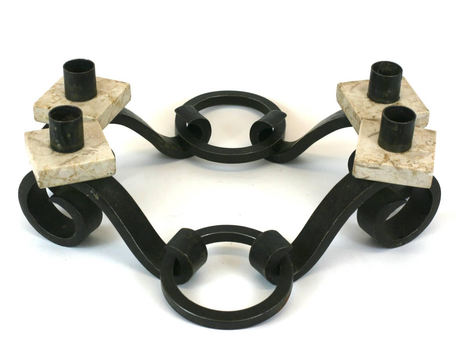 North American Art Deco Wrought Iron and Marble Transformable Table Suite For Sale