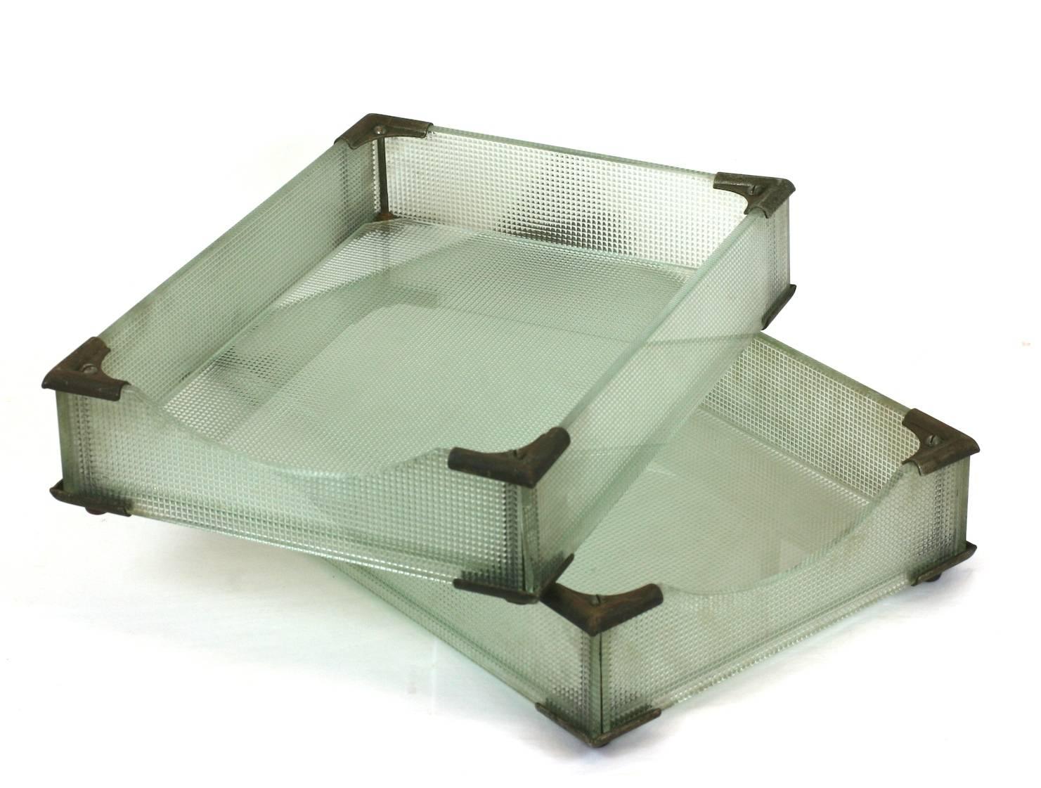 Attractive Art Deco glass paper holders in waffled sea green glass with slightly rusted Industrial corner fittings, 1930s, USA. Measure: 10.5