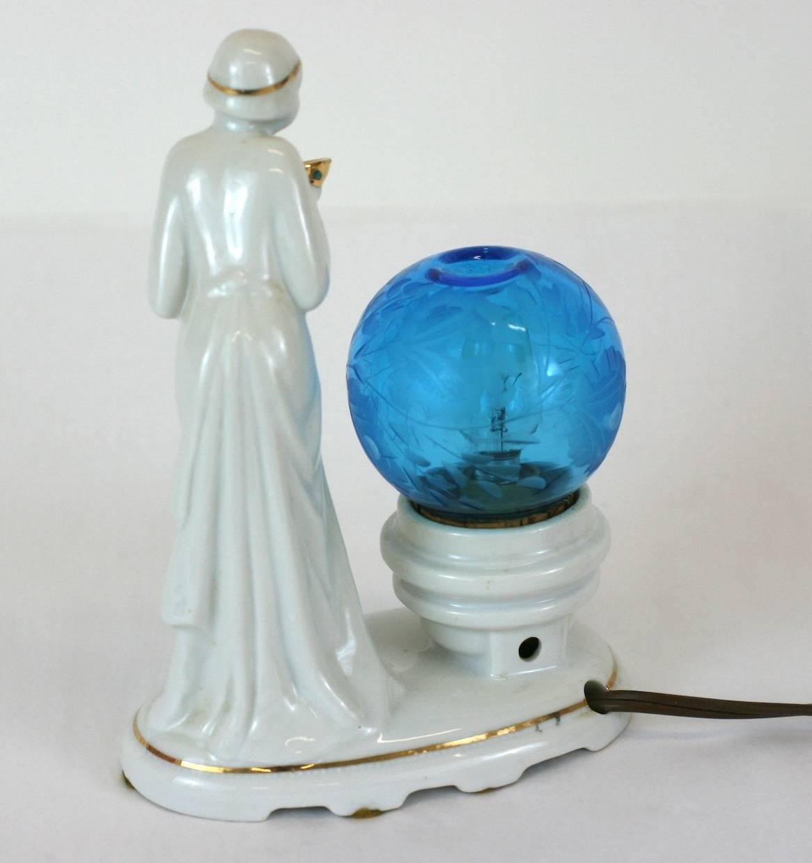 Japanese Art Deco Porcelain Perfume Lamp, Original Etched Globe For Sale