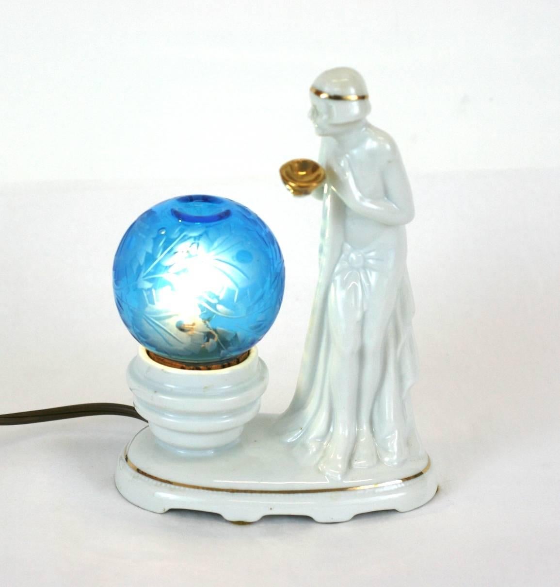 Glass Art Deco Porcelain Perfume Lamp, Original Etched Globe For Sale