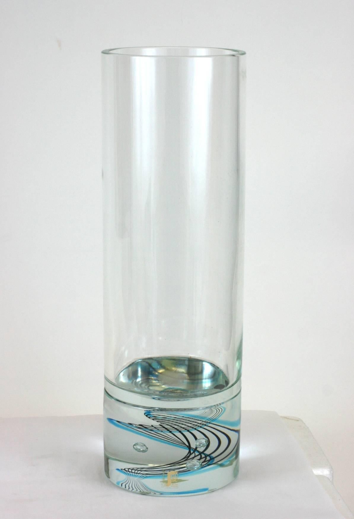 Large Seguso cylinder vase with internally decorated swirls of blue and black, 1960s Italy. Uncirculated sample stock, New.
Measures: 14.5