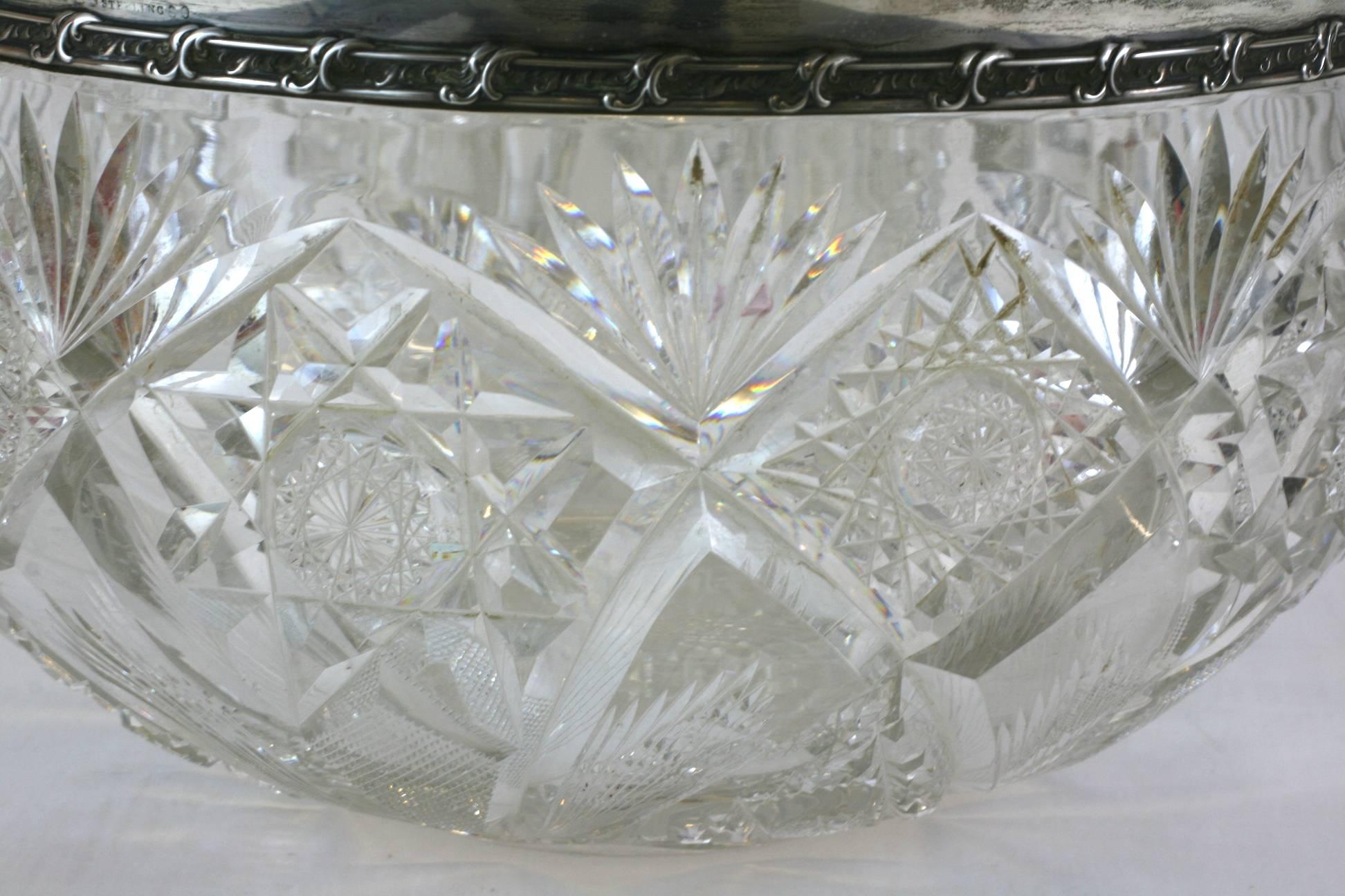 Sterling Silver Large Victorian Crystal Punch Bowl with Sterling Lip For Sale