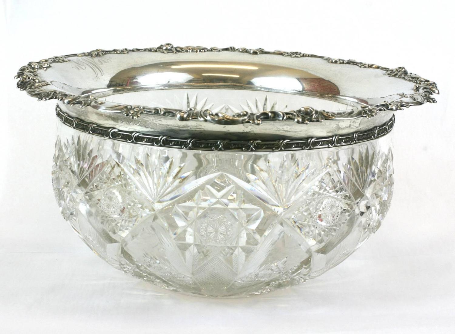 Large Victorian Crystal Punch Bowl with Sterling Lip For Sale at 1stdibs