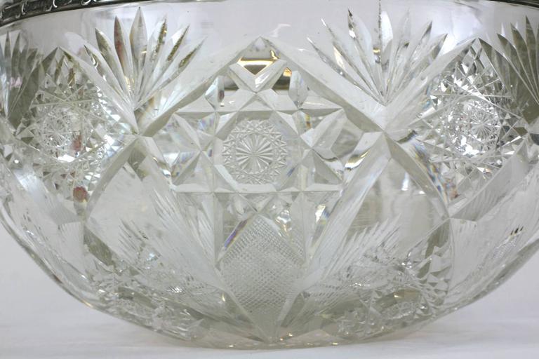 Large Victorian Crystal Punch Bowl with Sterling Lip For Sale at
