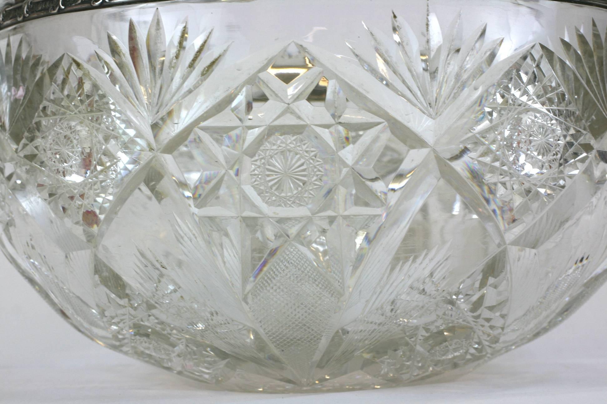 Large Victorian Crystal Punch Bowl with Sterling Lip In Good Condition For Sale In Riverdale, NY