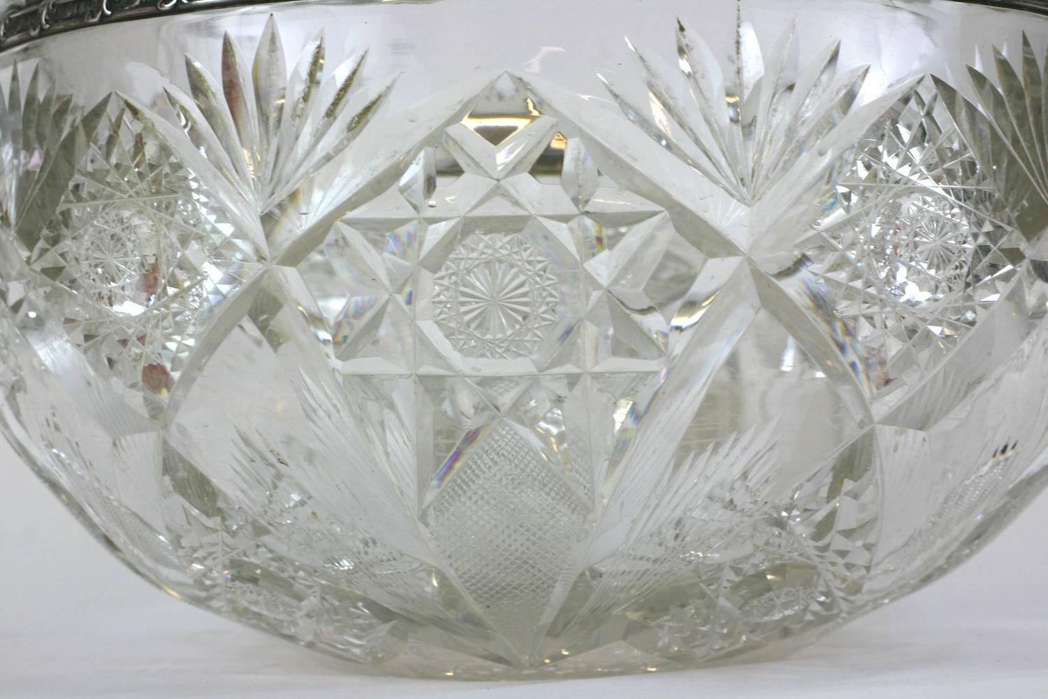 Large Victorian Crystal Punch Bowl with Sterling Lip For Sale at 1stdibs