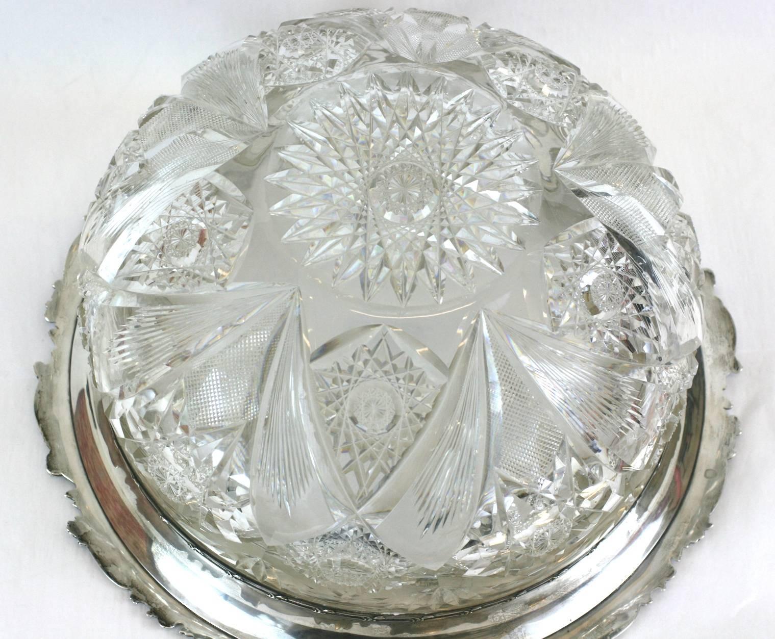 North American Large Victorian Crystal Punch Bowl with Sterling Lip For Sale