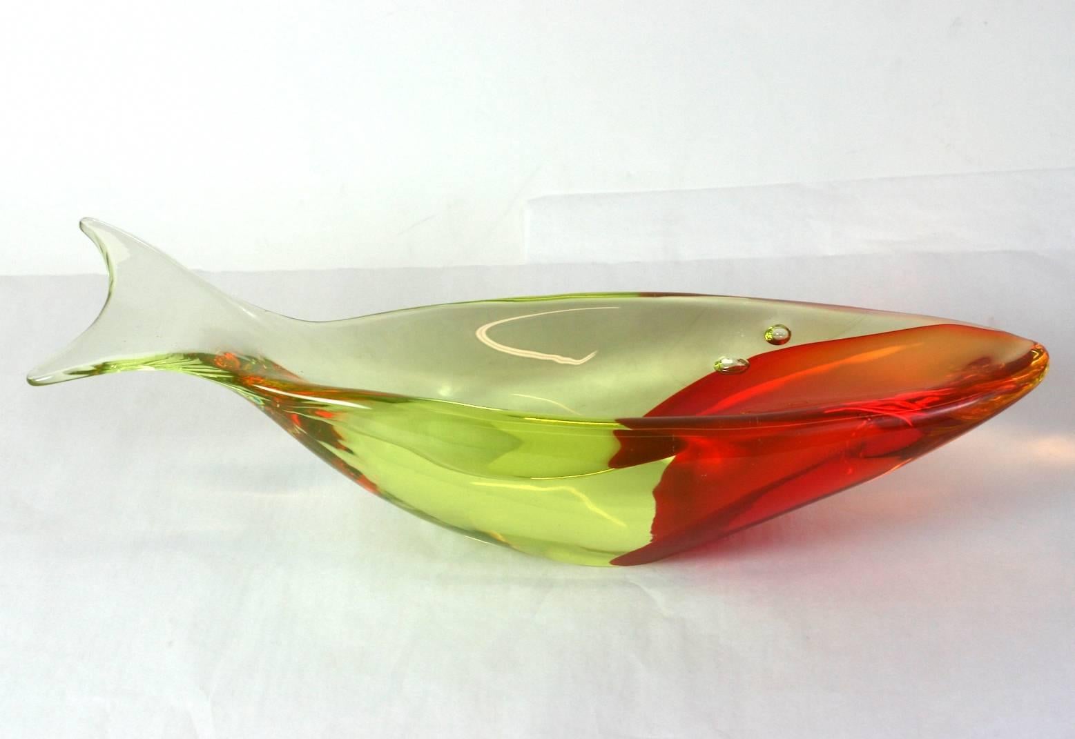 Striking Sommerso glass fish bowl in an orangy-red against a surreal vaseline yellow ground. In the style of Antonio Da Ros for Cenedese. Two bubbles are caught for eyes, Murano, 1960s, Italy. Excellent condition. Measures: 14