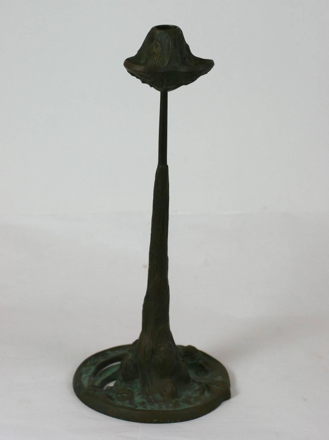 Large bronze arts and crafts clover candlestick by Jessie Preston, Chicago. Retains original patina. Excellent condition. Measures: 15.5