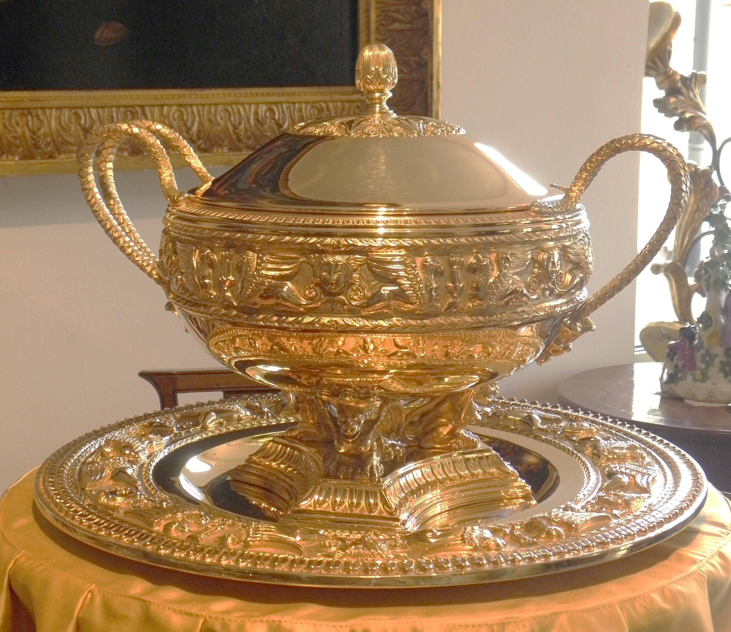 Exceptional museum quality pair of gilt silver soup tureens with their trays, signed 