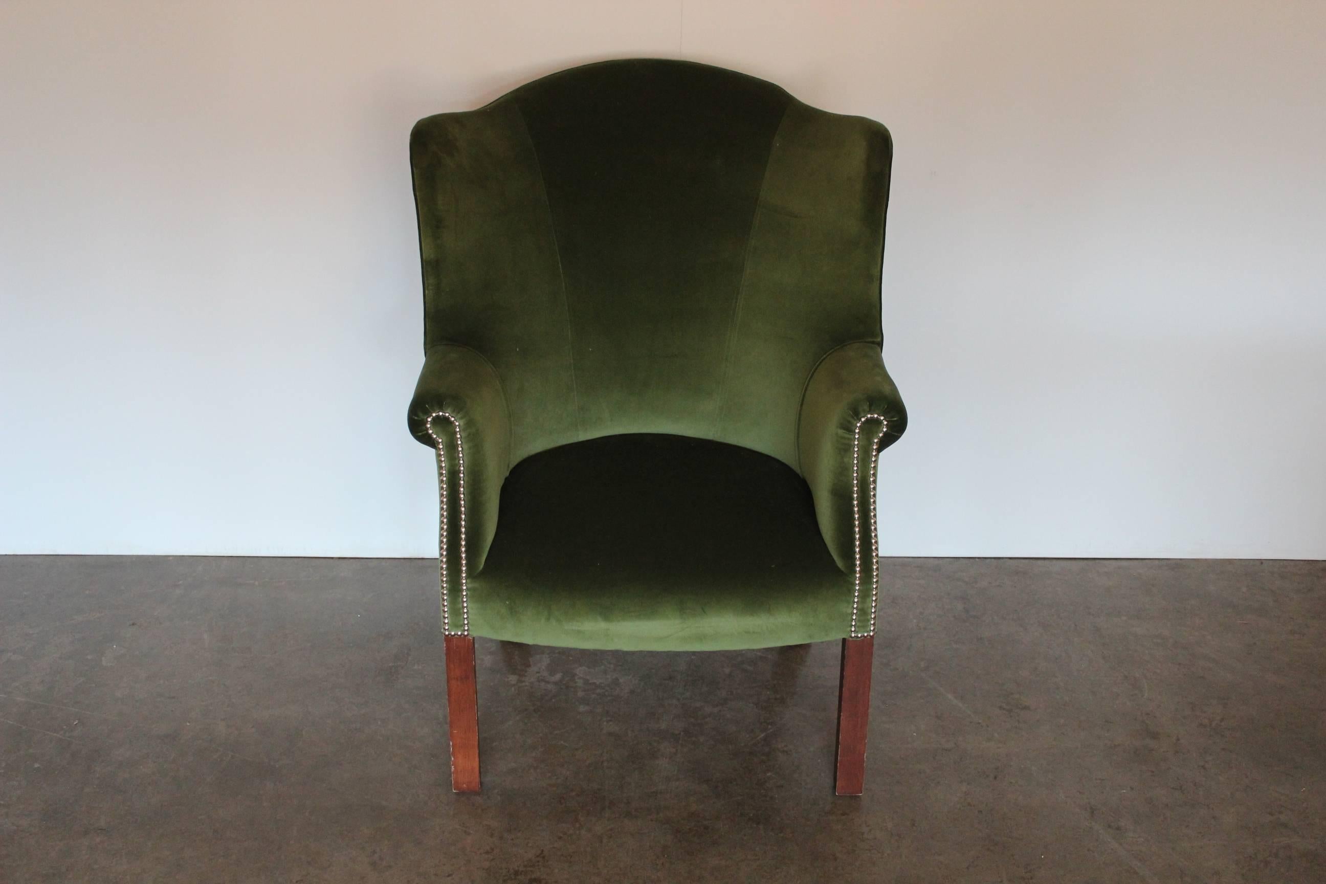 Modern Ralph Lauren Compact “Wingback” Armchair in “English Riding” Green Velvet