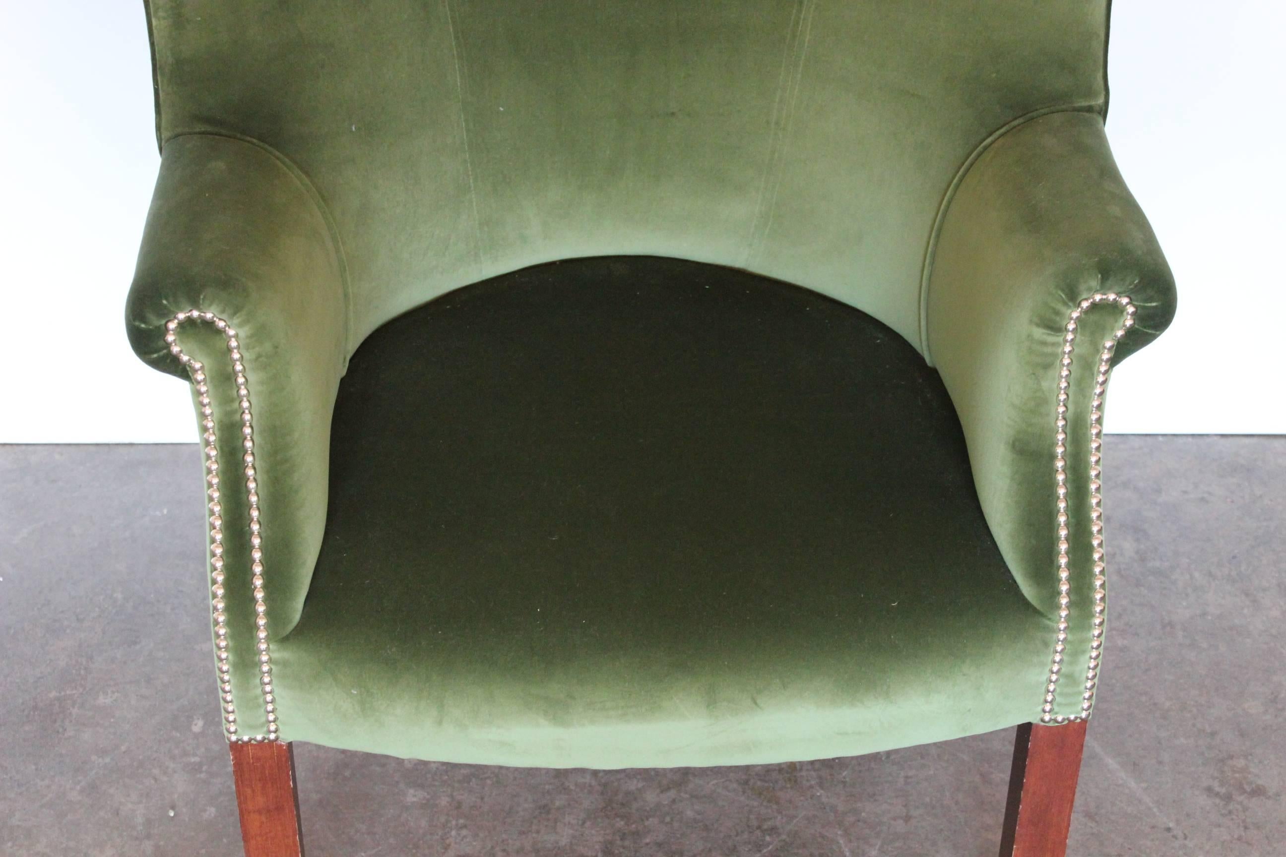 Hand-Crafted Ralph Lauren Compact “Wingback” Armchair in “English Riding” Green Velvet