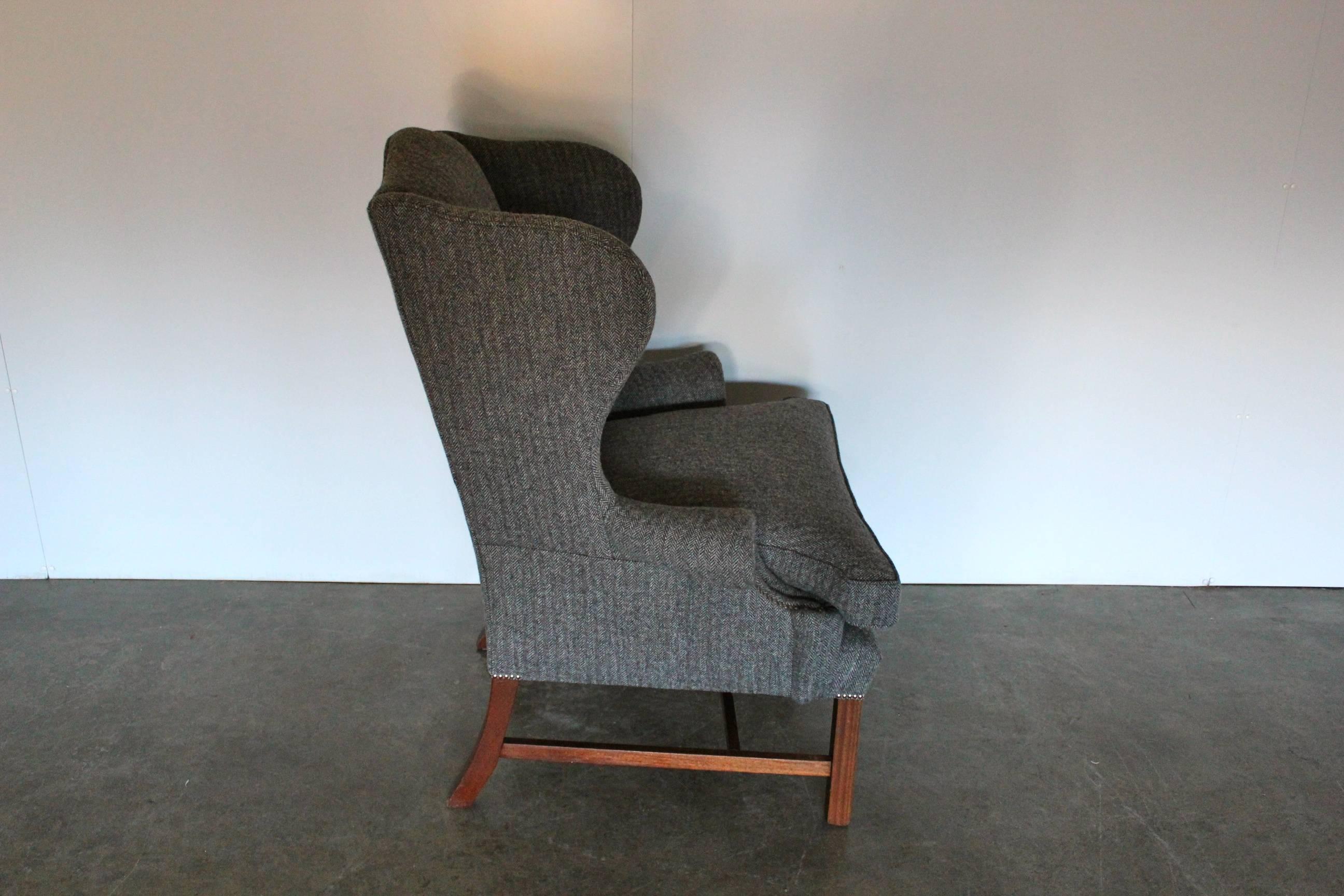 American Ralph Lauren “Devonshire” Wingback Armchair in Grey Woollen Herringbone Fabric