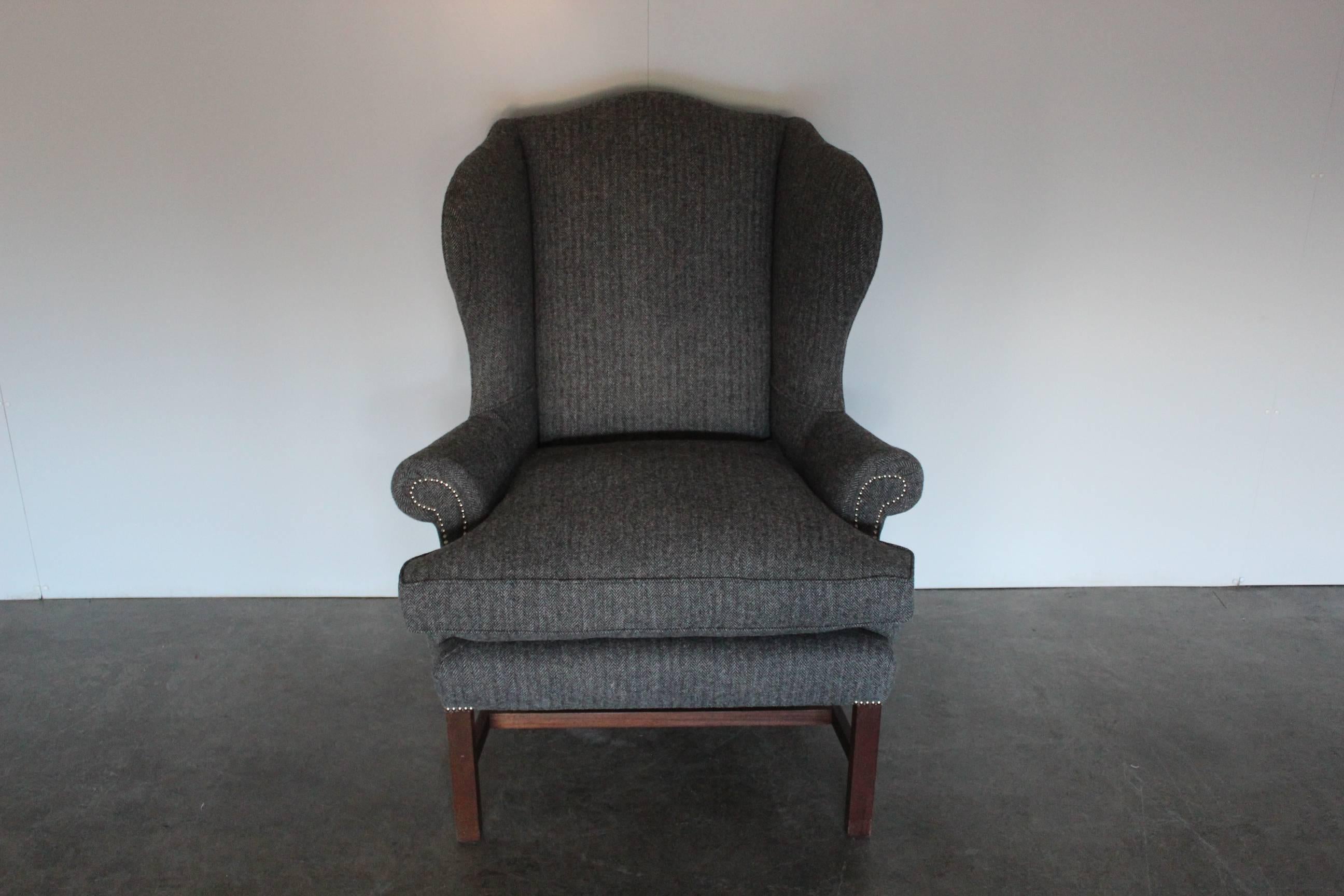 American Classical Ralph Lauren “Devonshire” Wingback Armchair in Grey Woollen Herringbone Fabric