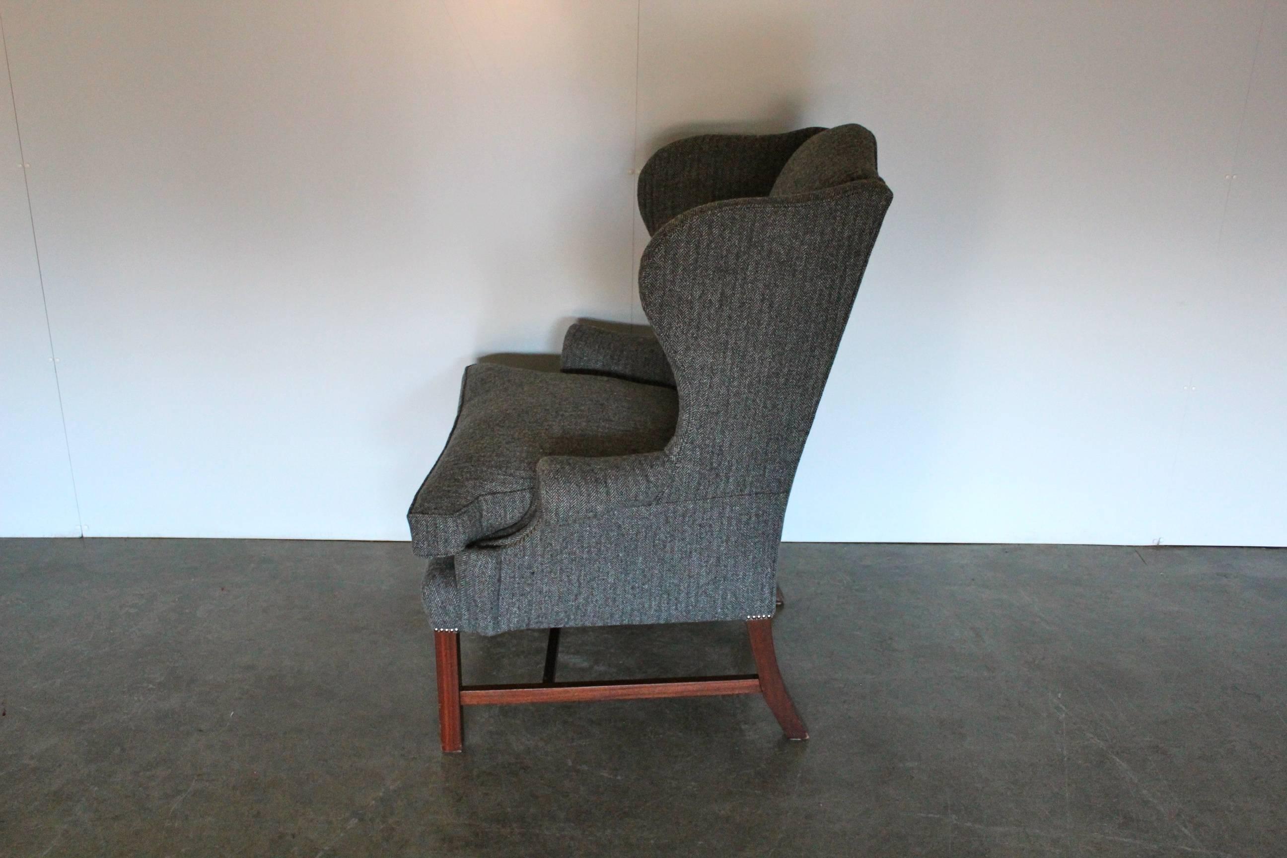 Hand-Crafted Ralph Lauren “Devonshire” Wingback Armchair in Grey Woollen Herringbone Fabric