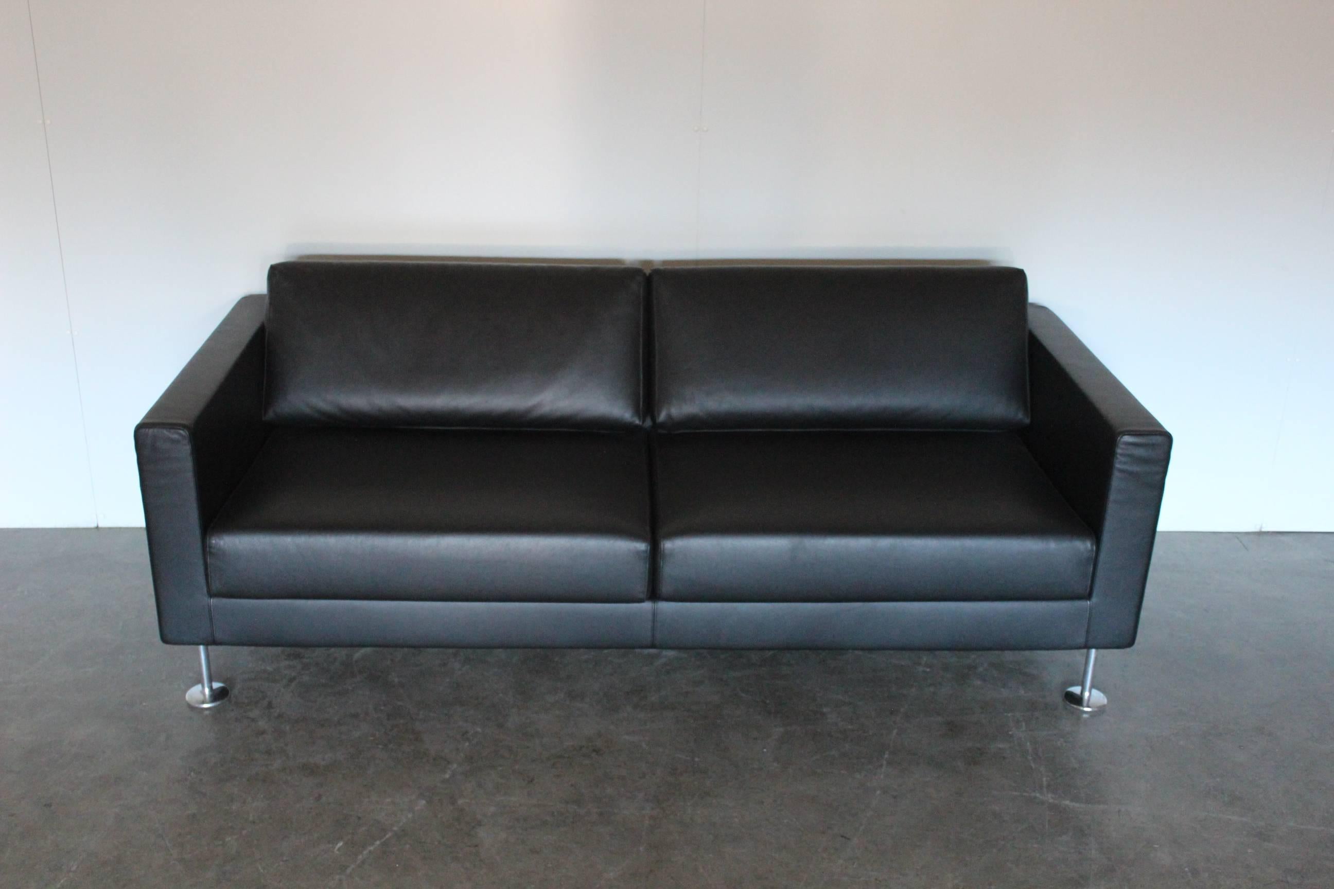 Swiss Vitra “Park” Three-Seat Sofa in Jet Black Leather by Jasper Morrison