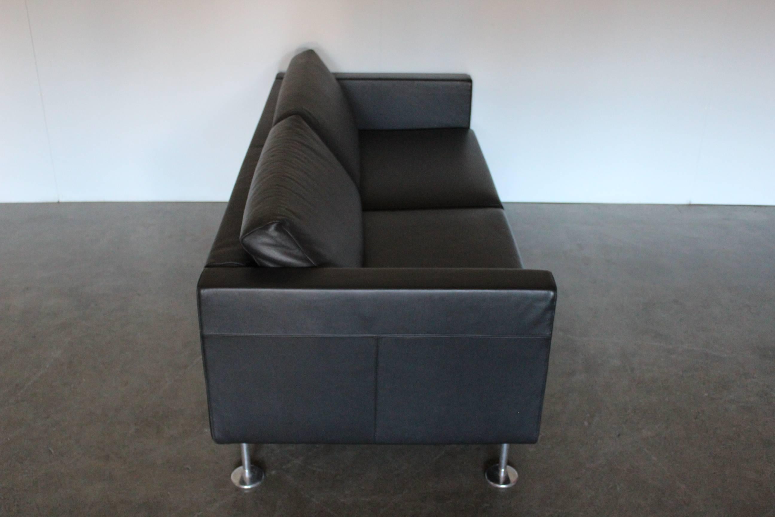 Hand-Crafted Vitra “Park” Three-Seat Sofa in Jet Black Leather by Jasper Morrison