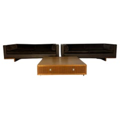 David Linley "Lizard" 2 Sofa & Low Table Suite In Brown Leather, Velvet & Walnut