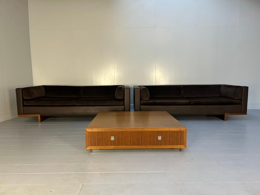 On offer on this occasion is a superb suite of David Linley “Lizard” seating, consisting of an identical pair of 3-seat “Lizard” sofas in dark-brown leather, dark-brown velvet and walnut framework, and a large “Lizard” low-table in walnut.
 
As you