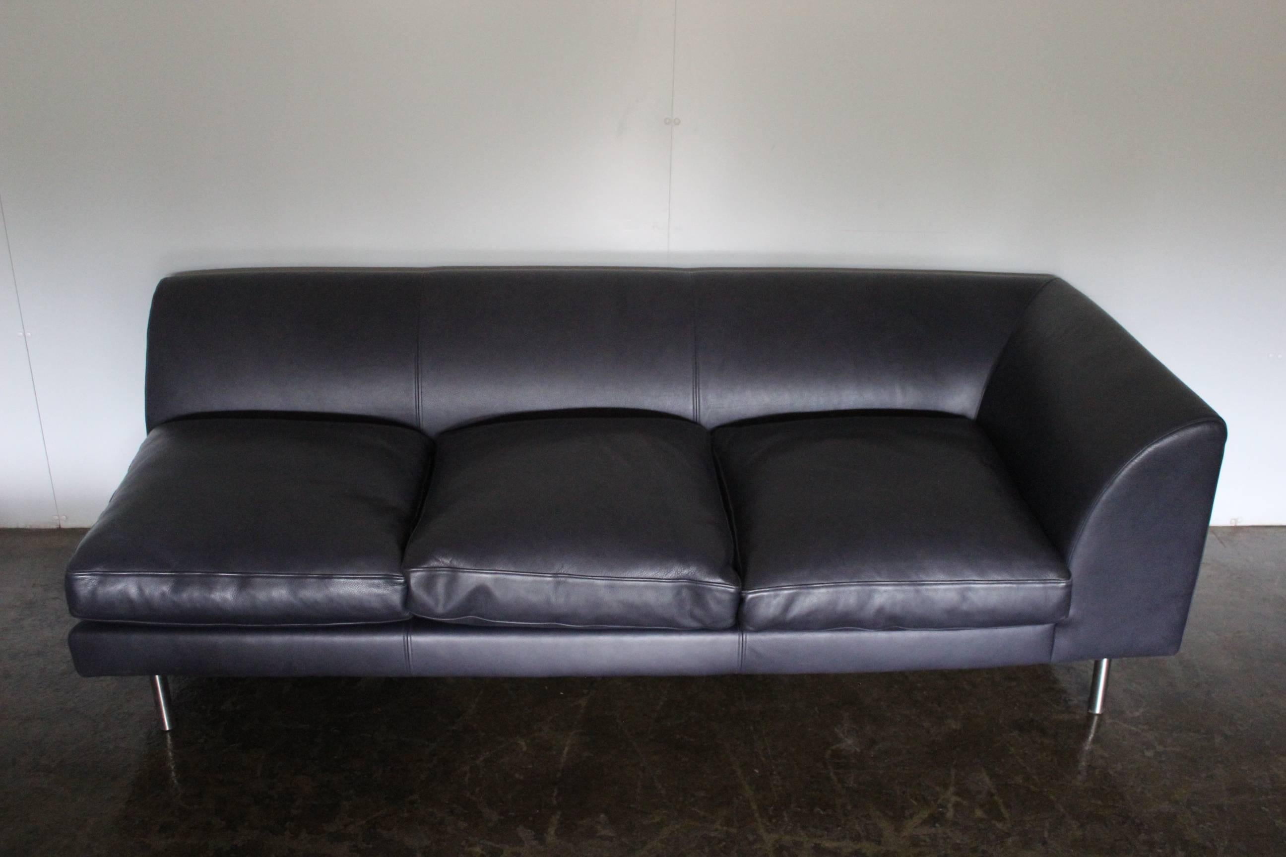 Modern SCP “Woodgate” Six-Seat L-Shape Sofa, Armchair and Ottoman Suite in Navy Leather