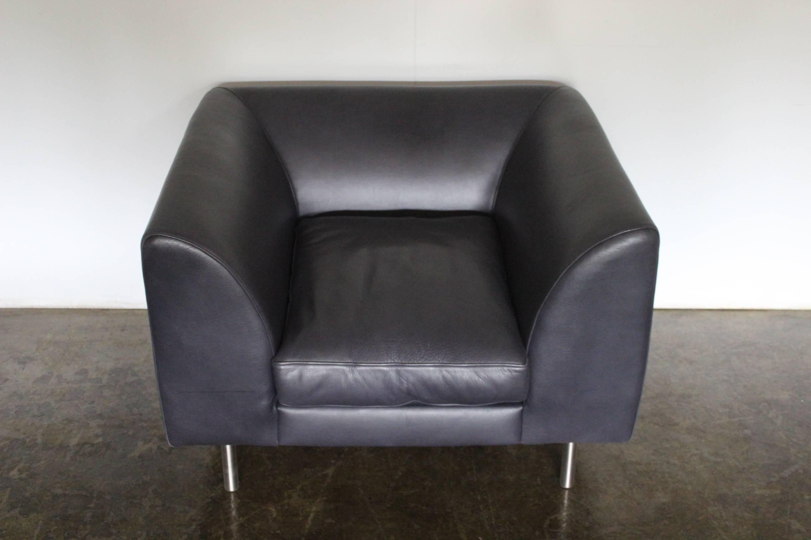 Hand-Crafted SCP “Woodgate” Six-Seat L-Shape Sofa, Armchair and Ottoman Suite in Navy Leather