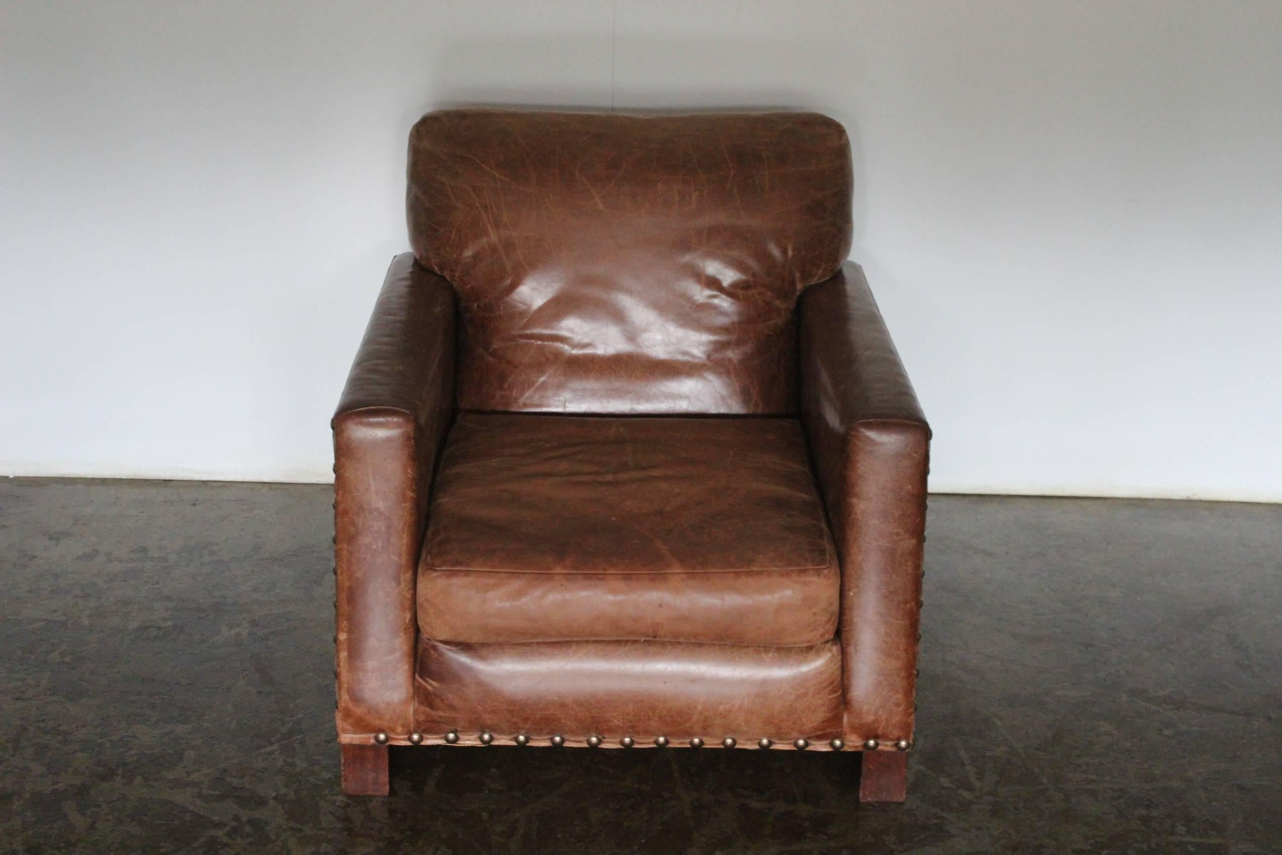 Hand-Crafted Ralph Lauren “Club” Armchair and Ottoman in Vintage Brown Leather