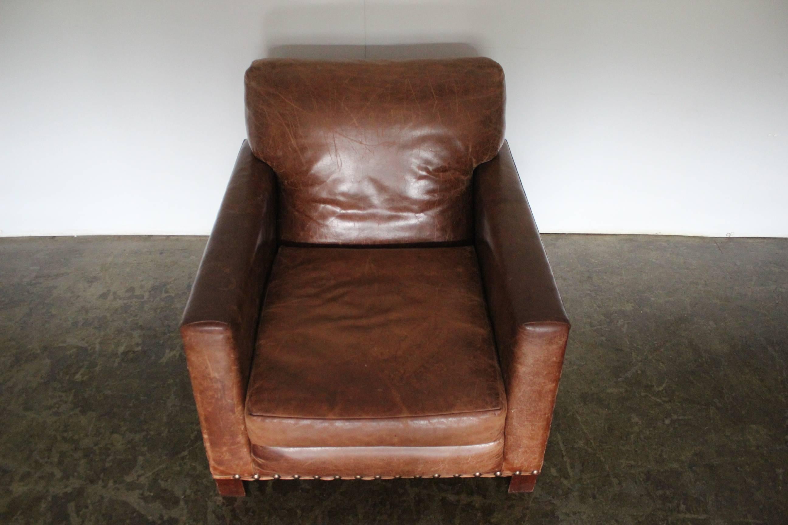 Ralph Lauren “Club” Armchair and Ottoman in Vintage Brown Leather 1