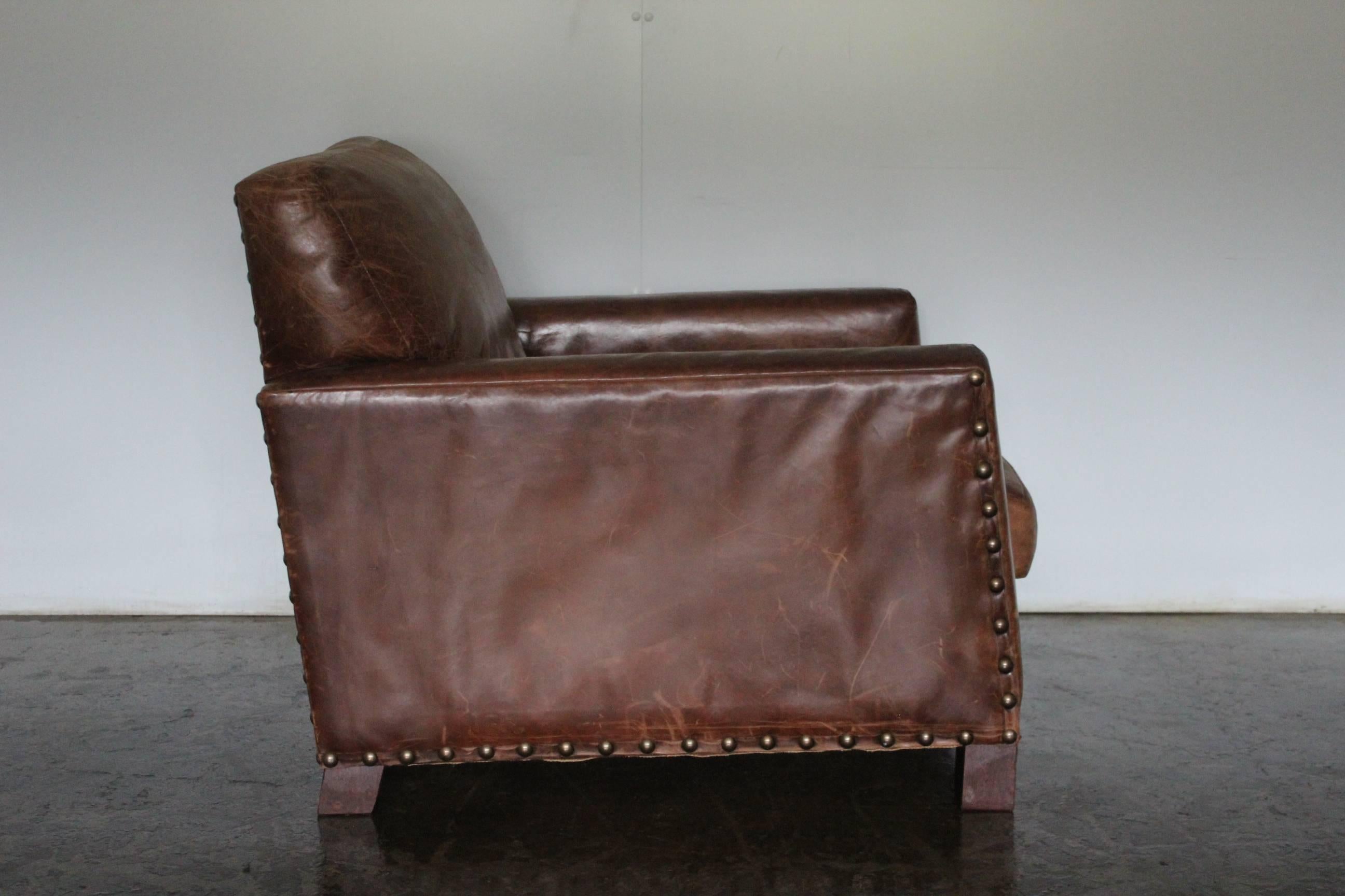 American Classical Ralph Lauren “Club” Armchair and Ottoman in Vintage Brown Leather