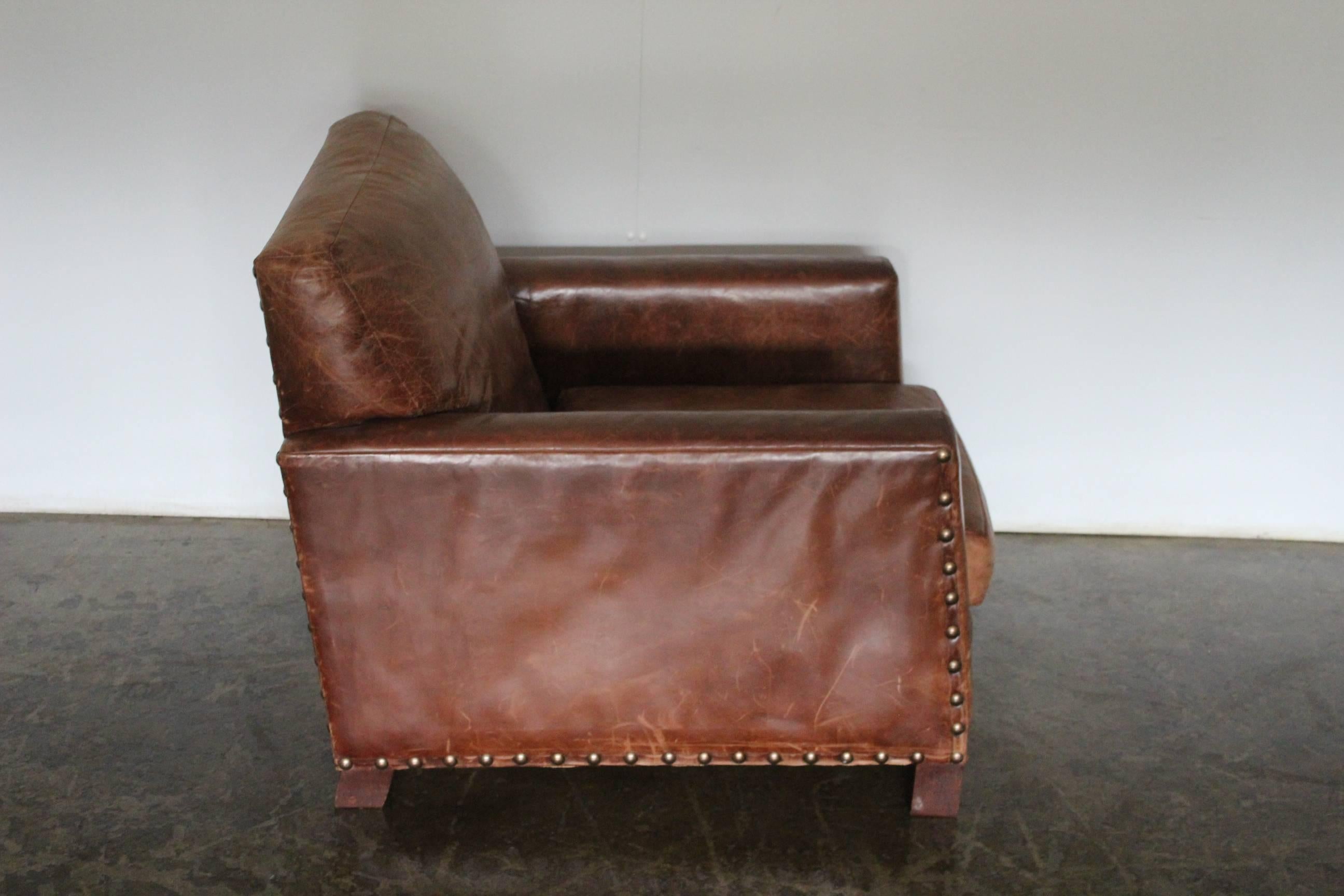Ralph Lauren “Club” Armchair and Ottoman in Vintage Brown Leather In Good Condition In Barrowford, GB