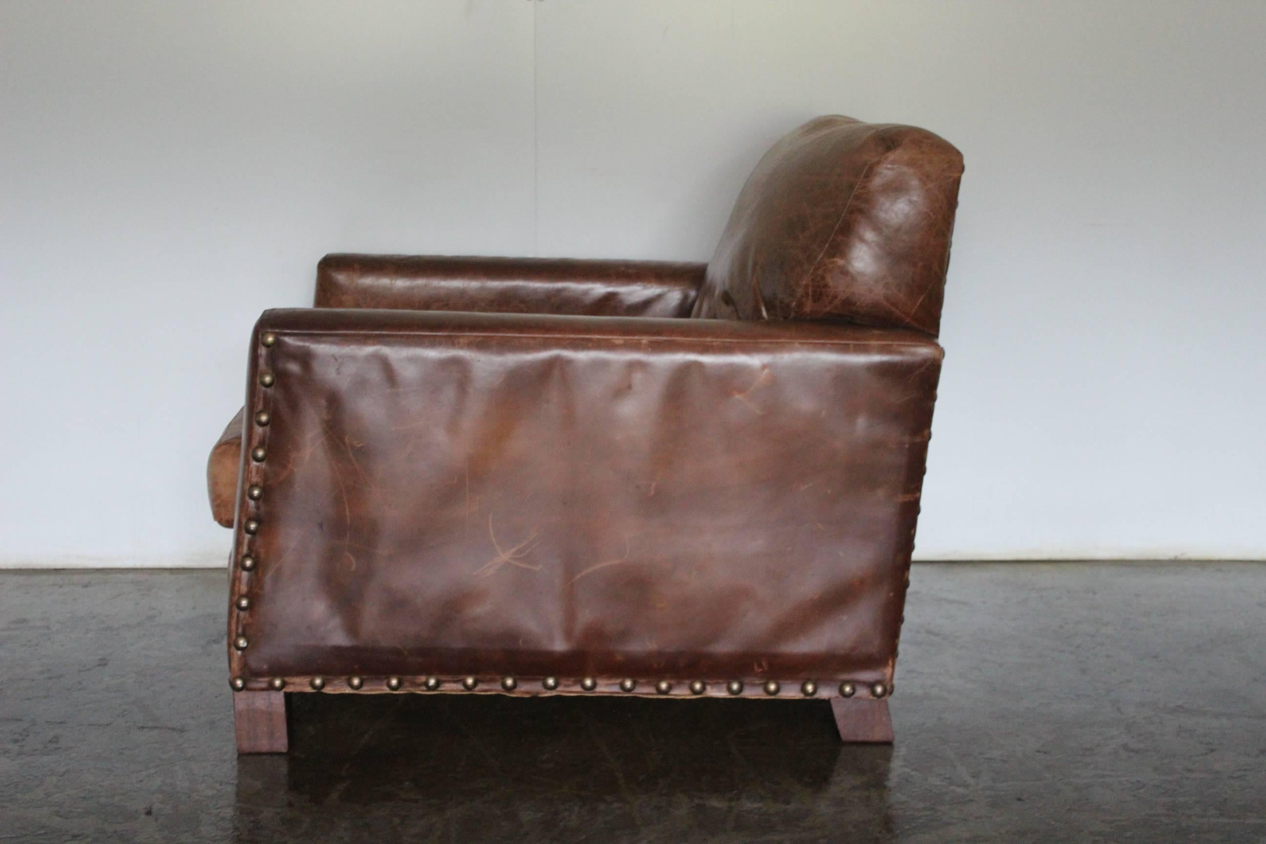 American Ralph Lauren “Club” Armchair and Ottoman in Vintage Brown Leather