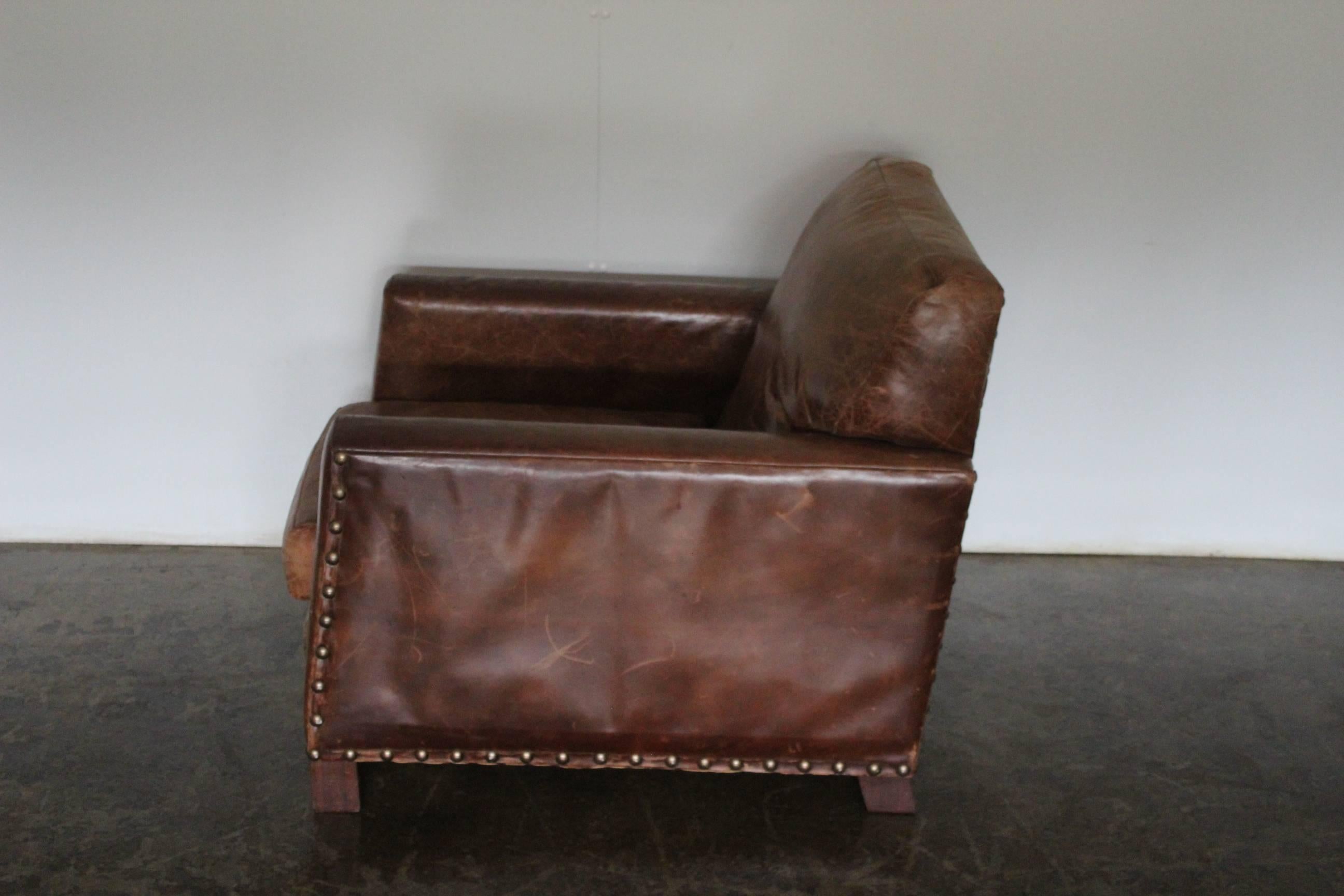 Contemporary Ralph Lauren “Club” Armchair and Ottoman in Vintage Brown Leather