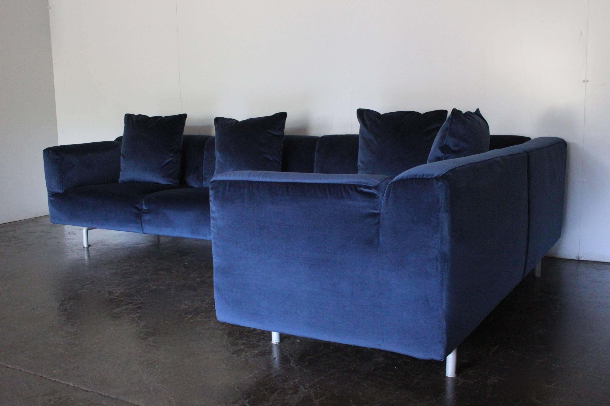 Italian Cassina “250 Met” L-Shape Sectional Sofa in Navy Blue Velvet For Sale