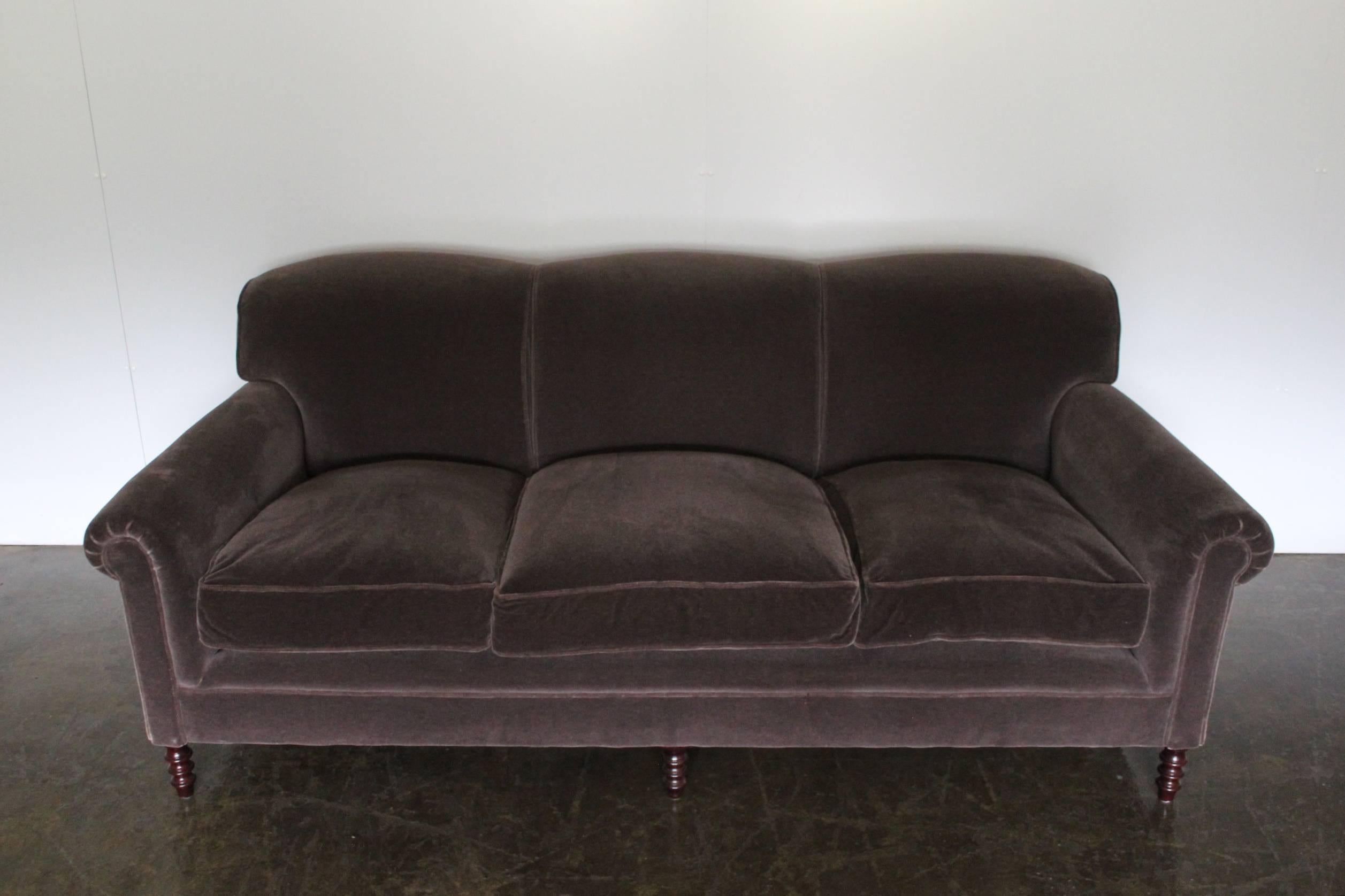 Hand-Crafted Pair of George Smith Signature “Scroll-Arm” Three-Seat Sofas in “Mink” Mohair