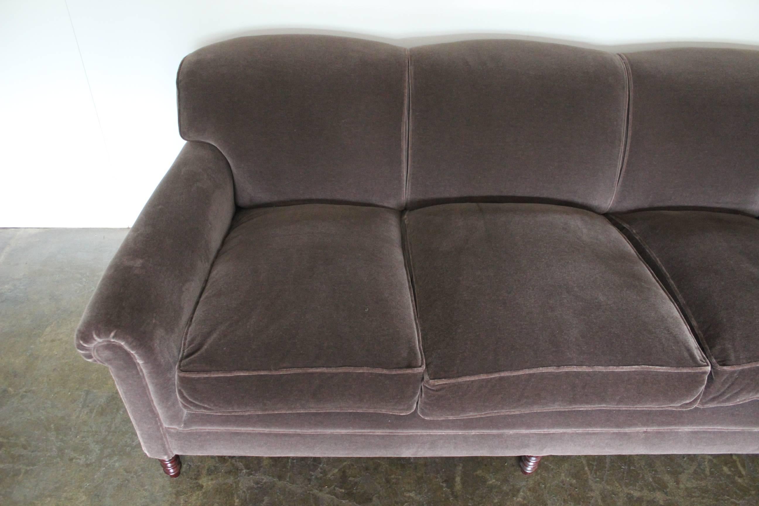 Velvet Pair of George Smith Signature “Scroll-Arm” Three-Seat Sofas in “Mink” Mohair