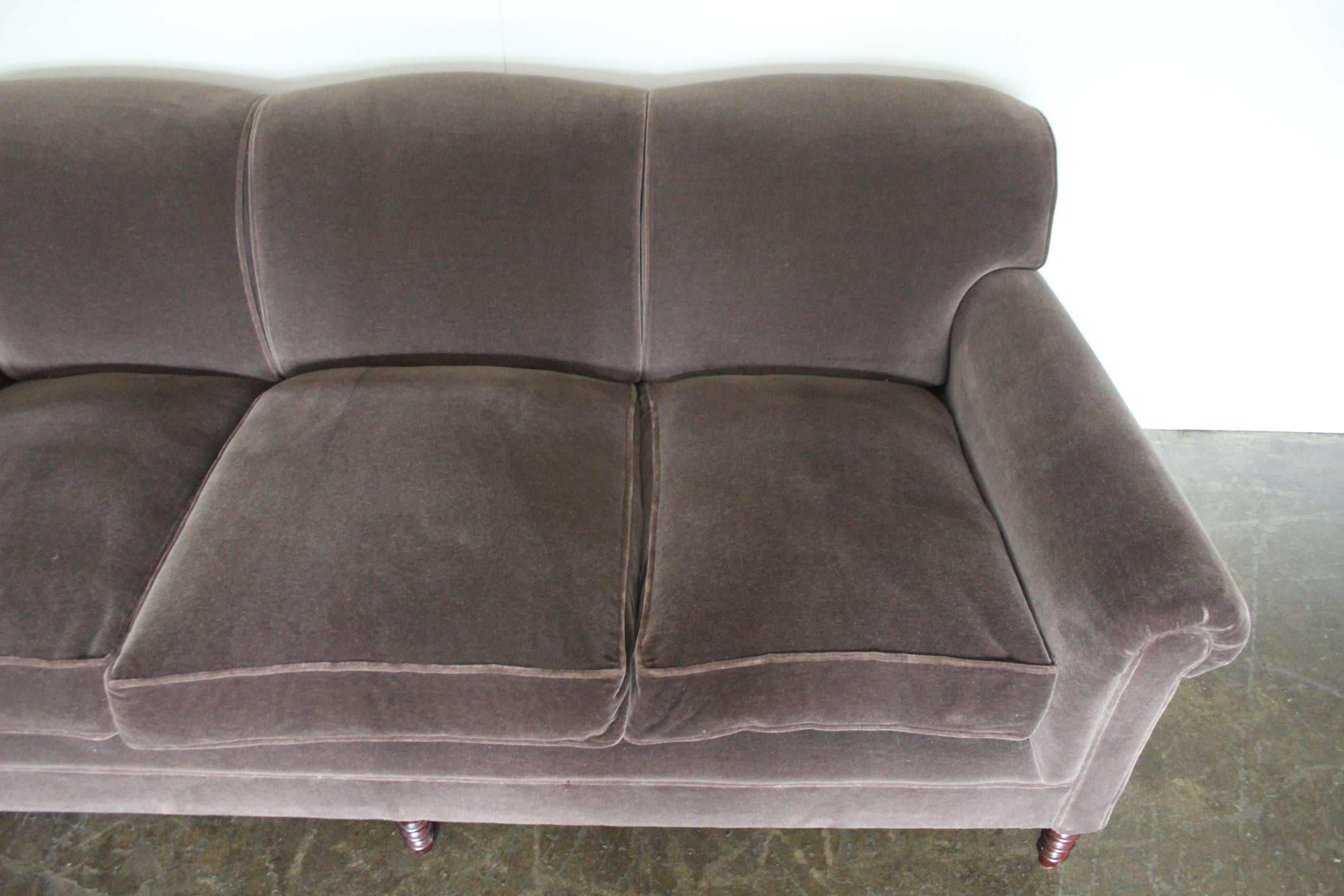 Pair of George Smith Signature “Scroll-Arm” Three-Seat Sofas in “Mink” Mohair 1
