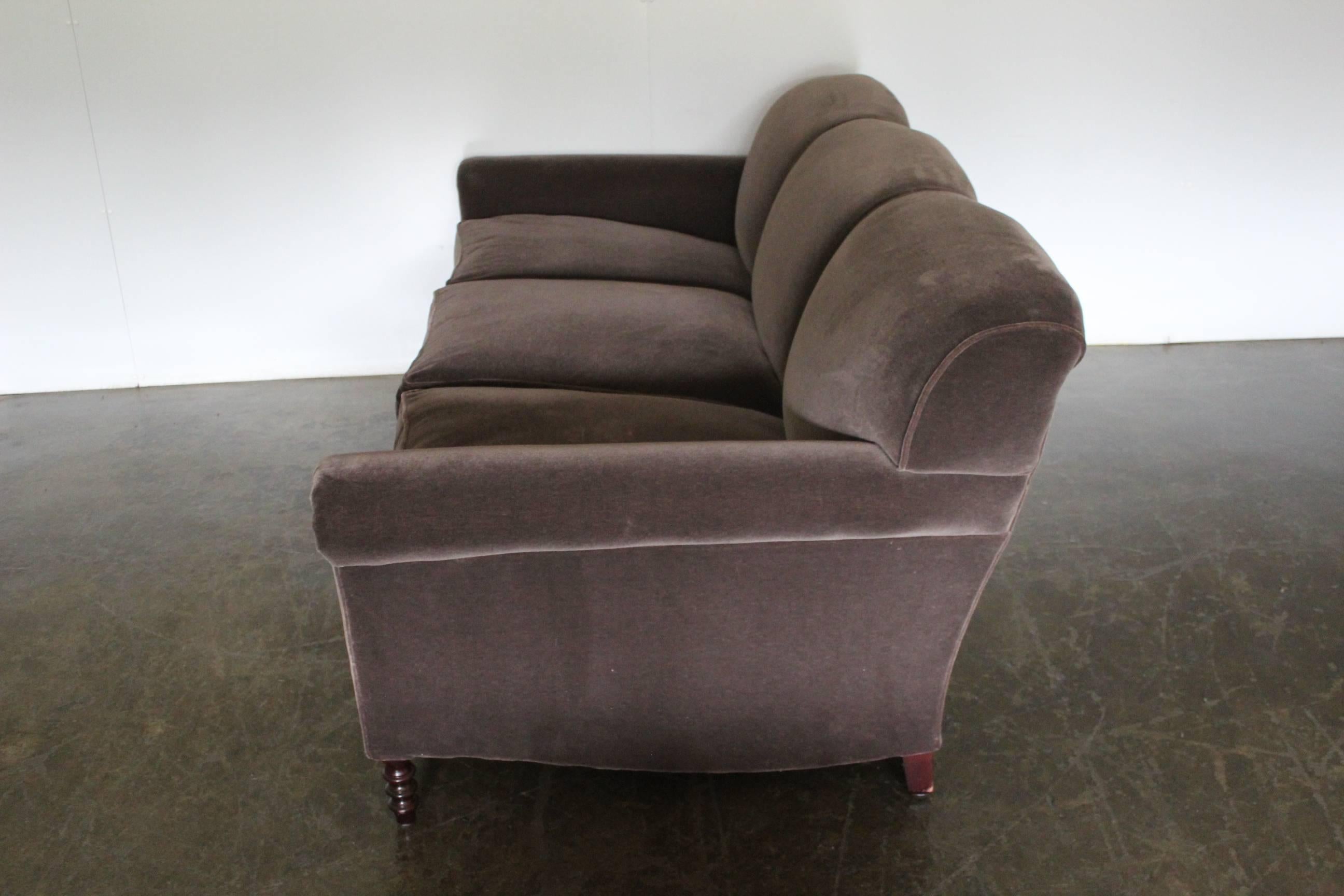 Contemporary Pair of George Smith Signature “Scroll-Arm” Three-Seat Sofas in “Mink” Mohair