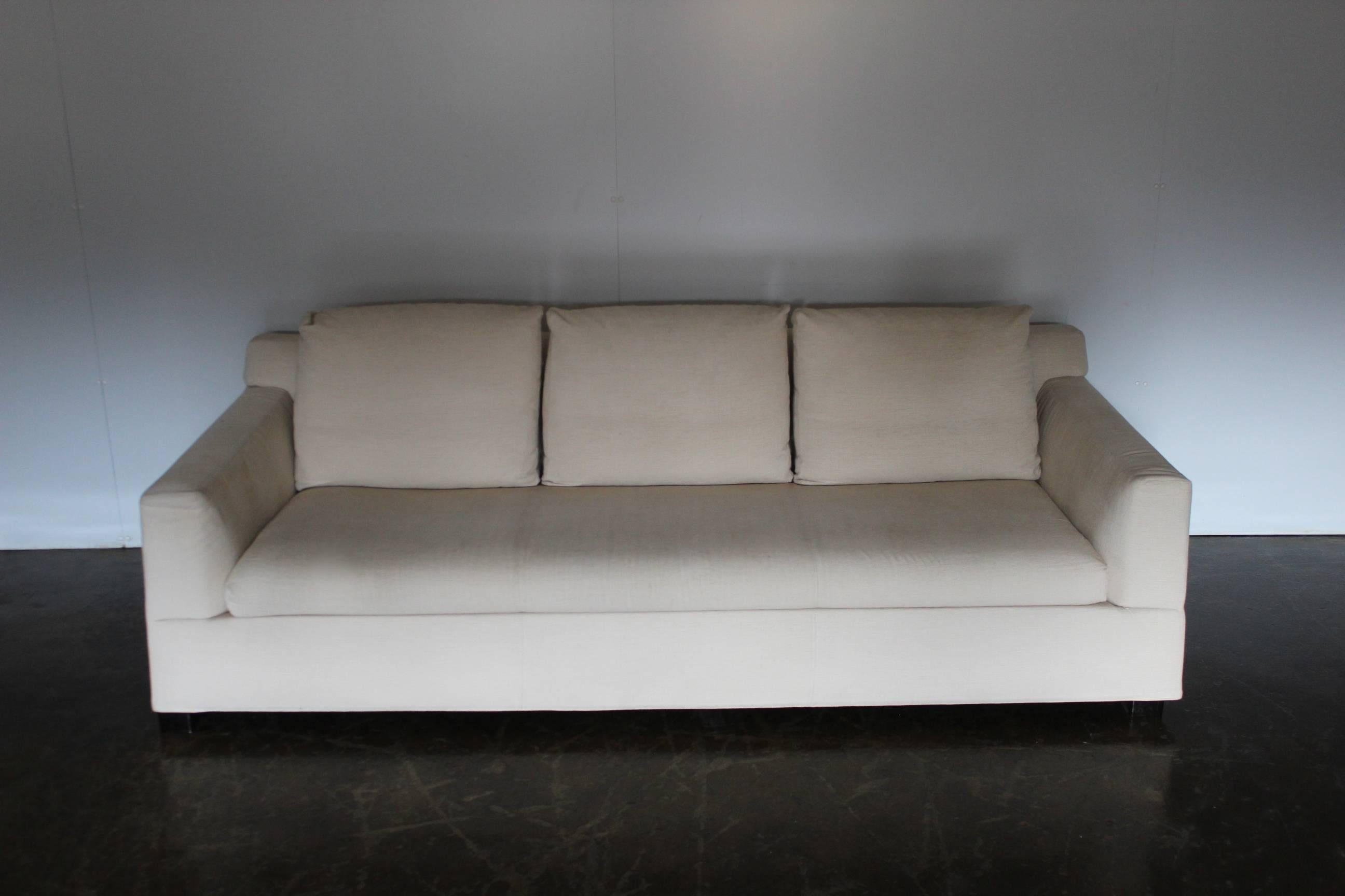 Italian Minotti “Gilbert” Three-Seat Sofa in Neutral Cream “Corda” Fabric
