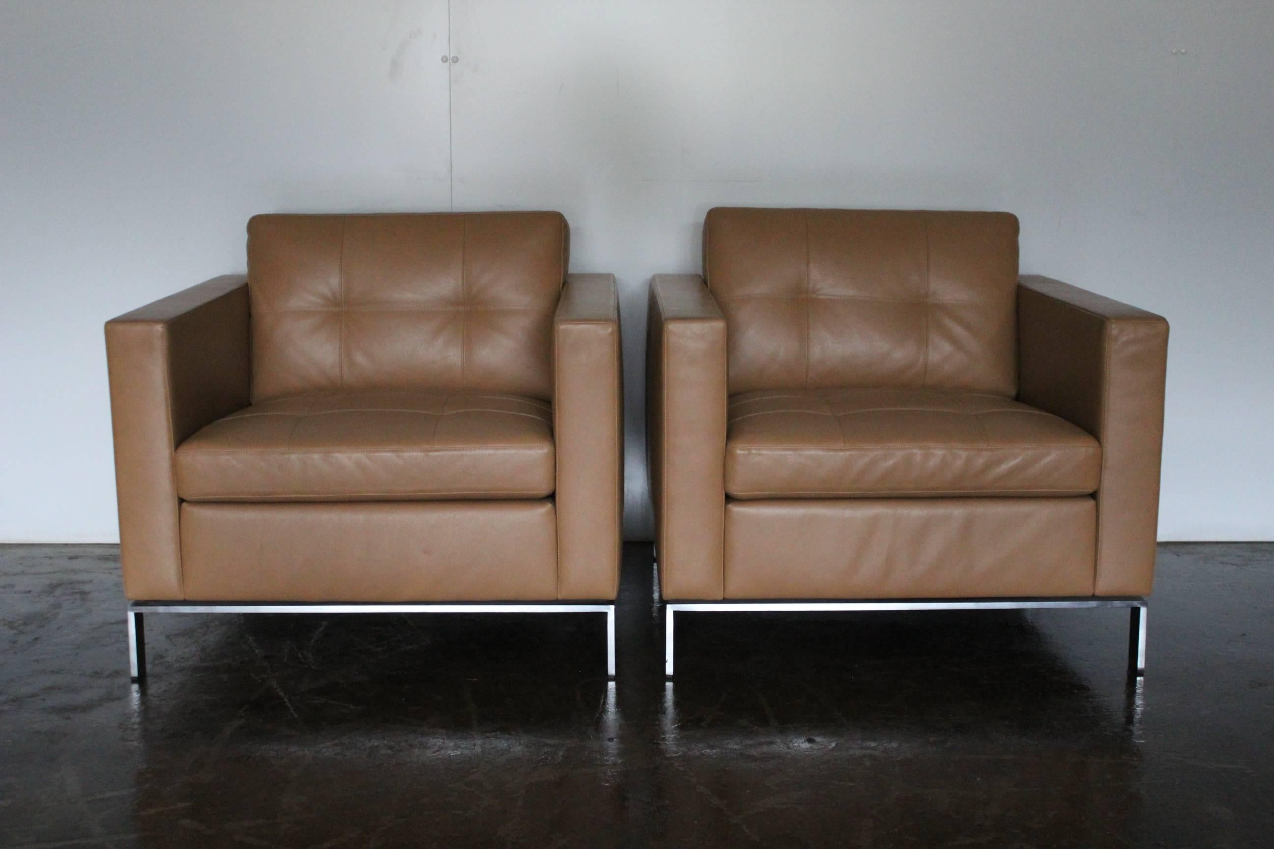 Metalwork Walter Knoll “Foster 502” Two-Sofa and Two-Armchair Suite in Pale Brown Leather