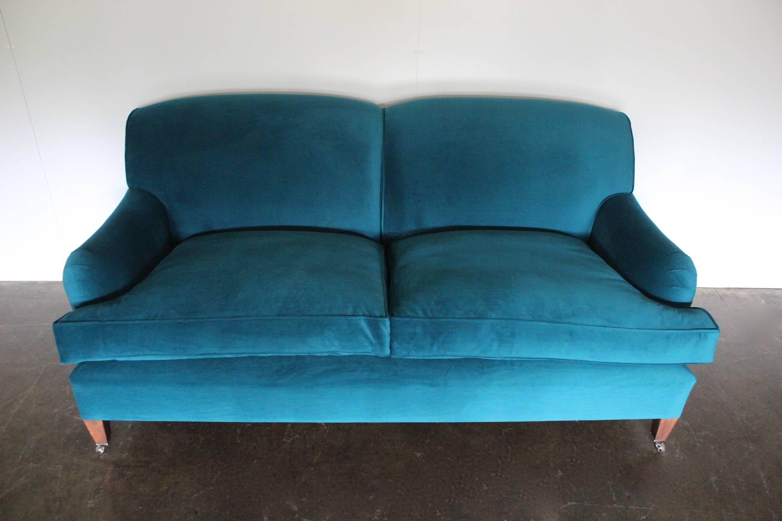 Hand-Crafted George Smith Signature “Standard-Arm” Sofa in Teal Green Blue Velvet