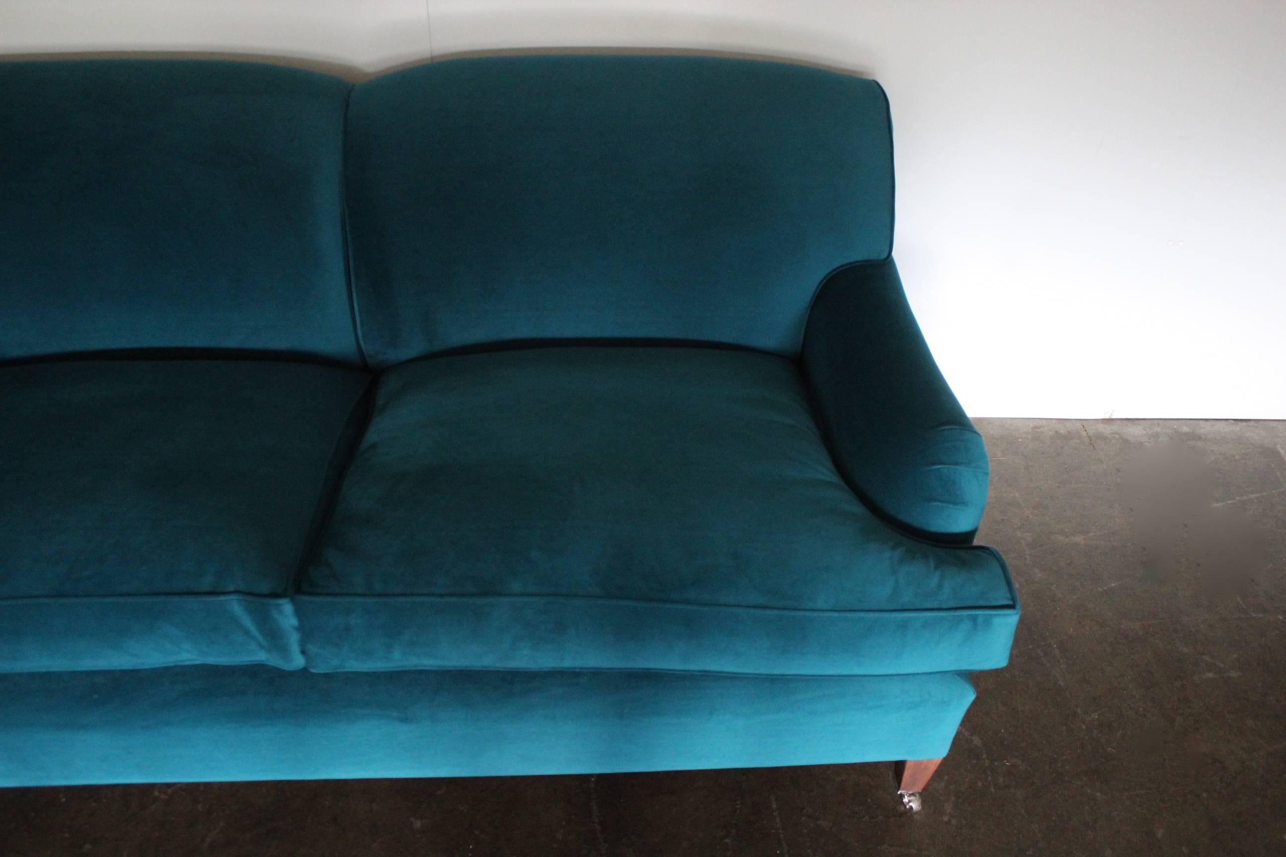 Contemporary George Smith Signature “Standard-Arm” Sofa in Teal Green Blue Velvet