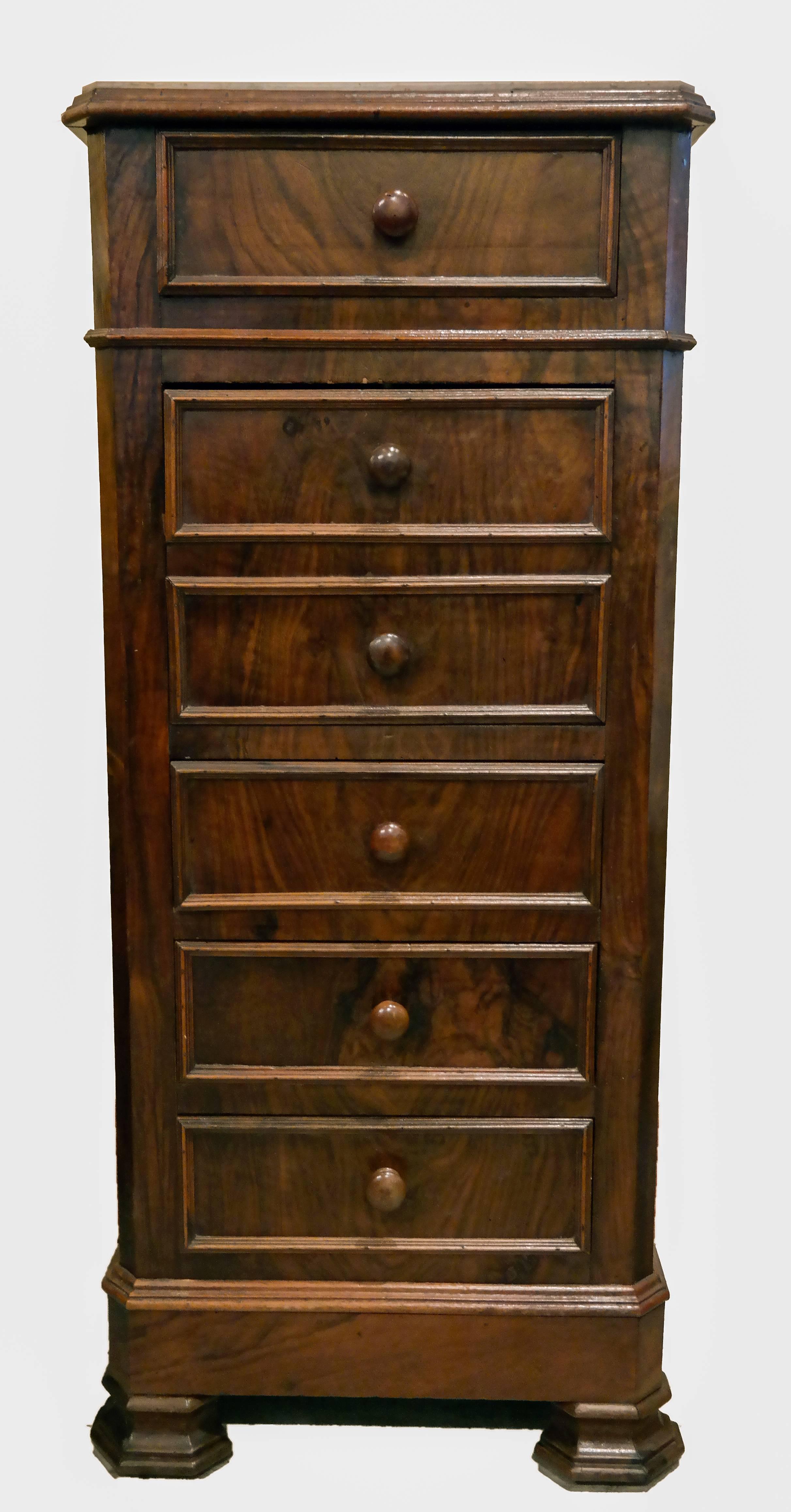 Italian walnut six drawer lingerie chest, with marble top. ca. 1900