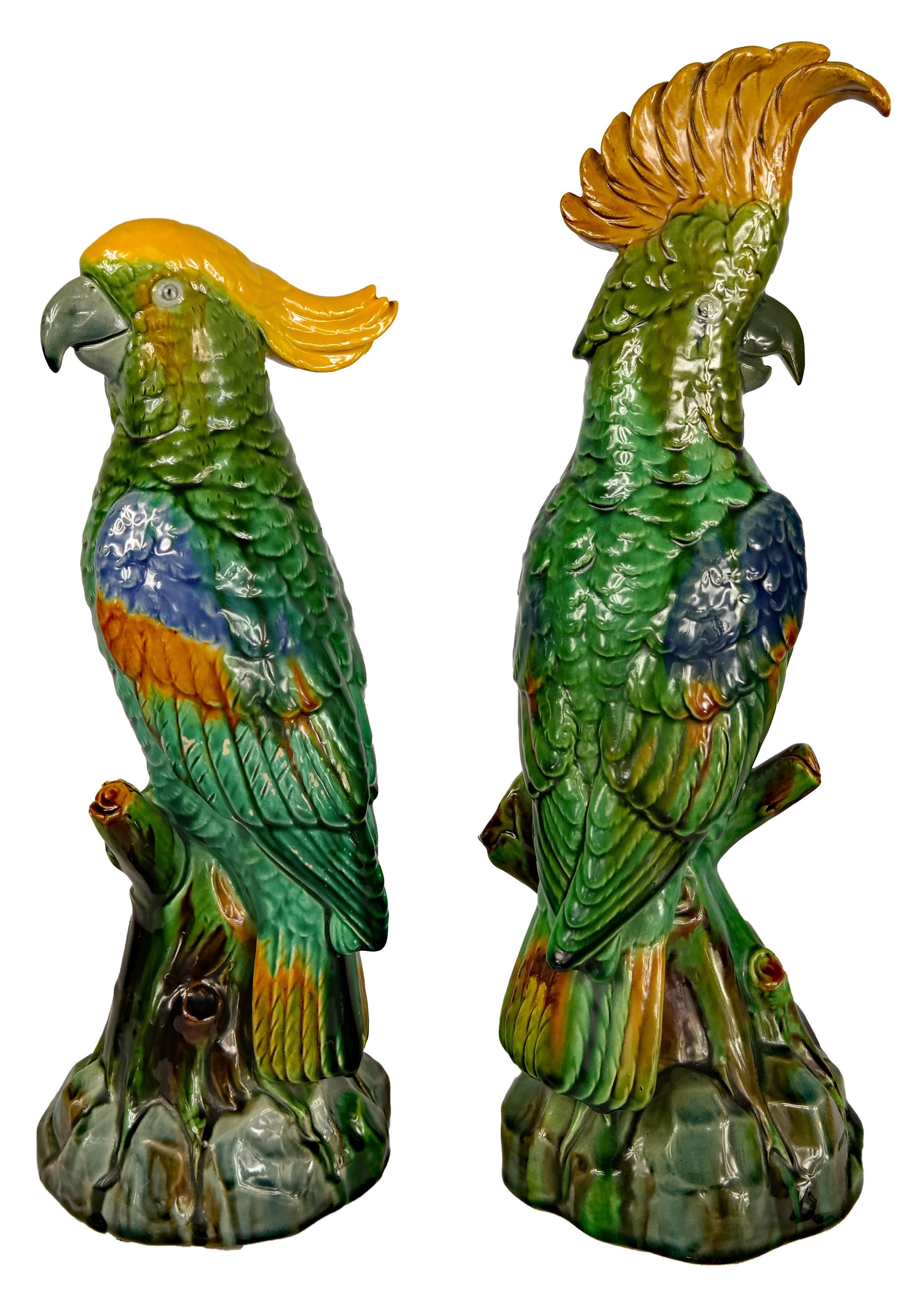 Pair of Minton majolica parrots, English, circa 1890.