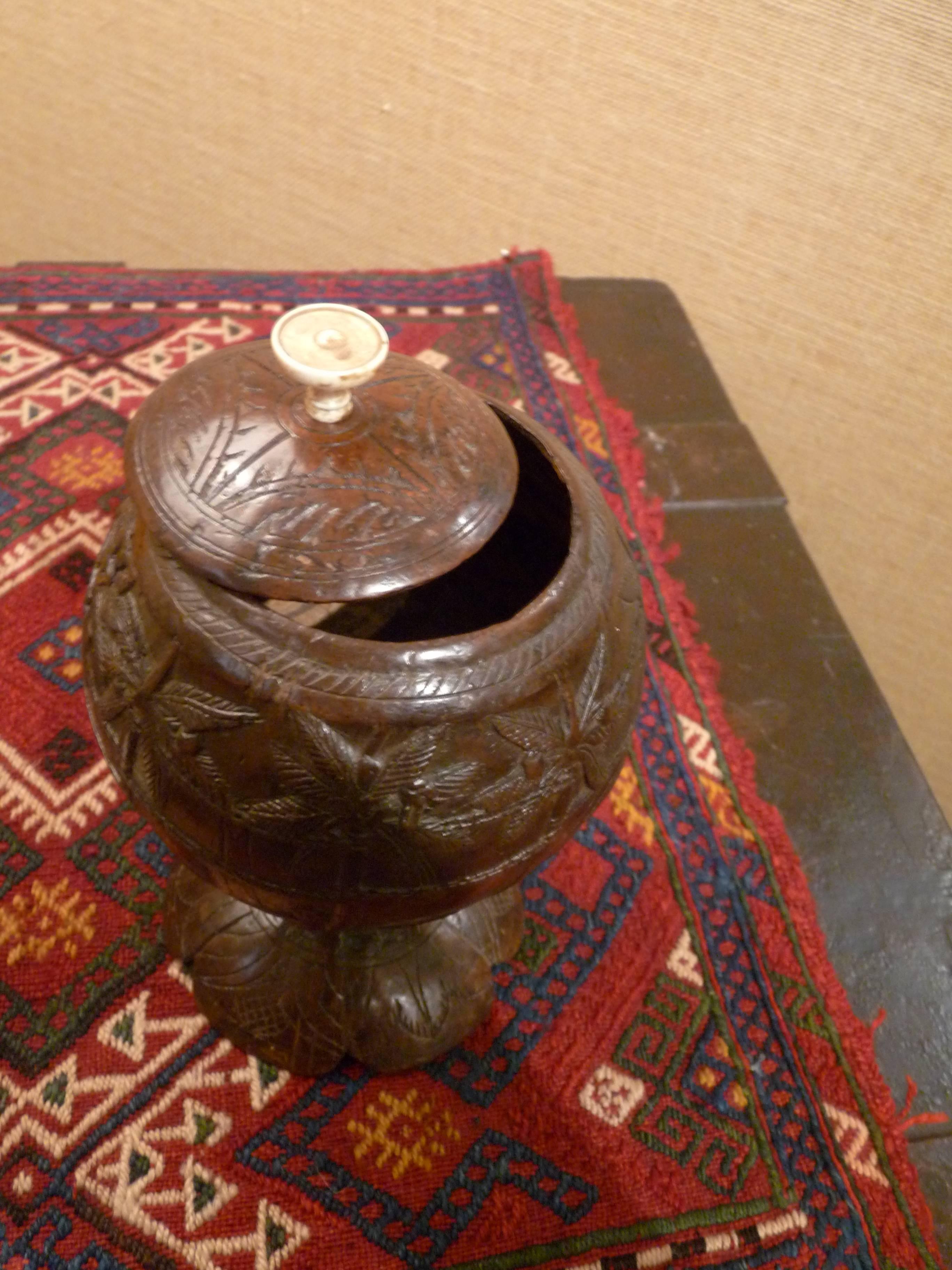 A great find from our travels is this amazing coconut cup.  Sailors with the Dutch and British East India Company often carved coconut shells in their spare time to take home to their loved ones. This one is in superb condition and still has its