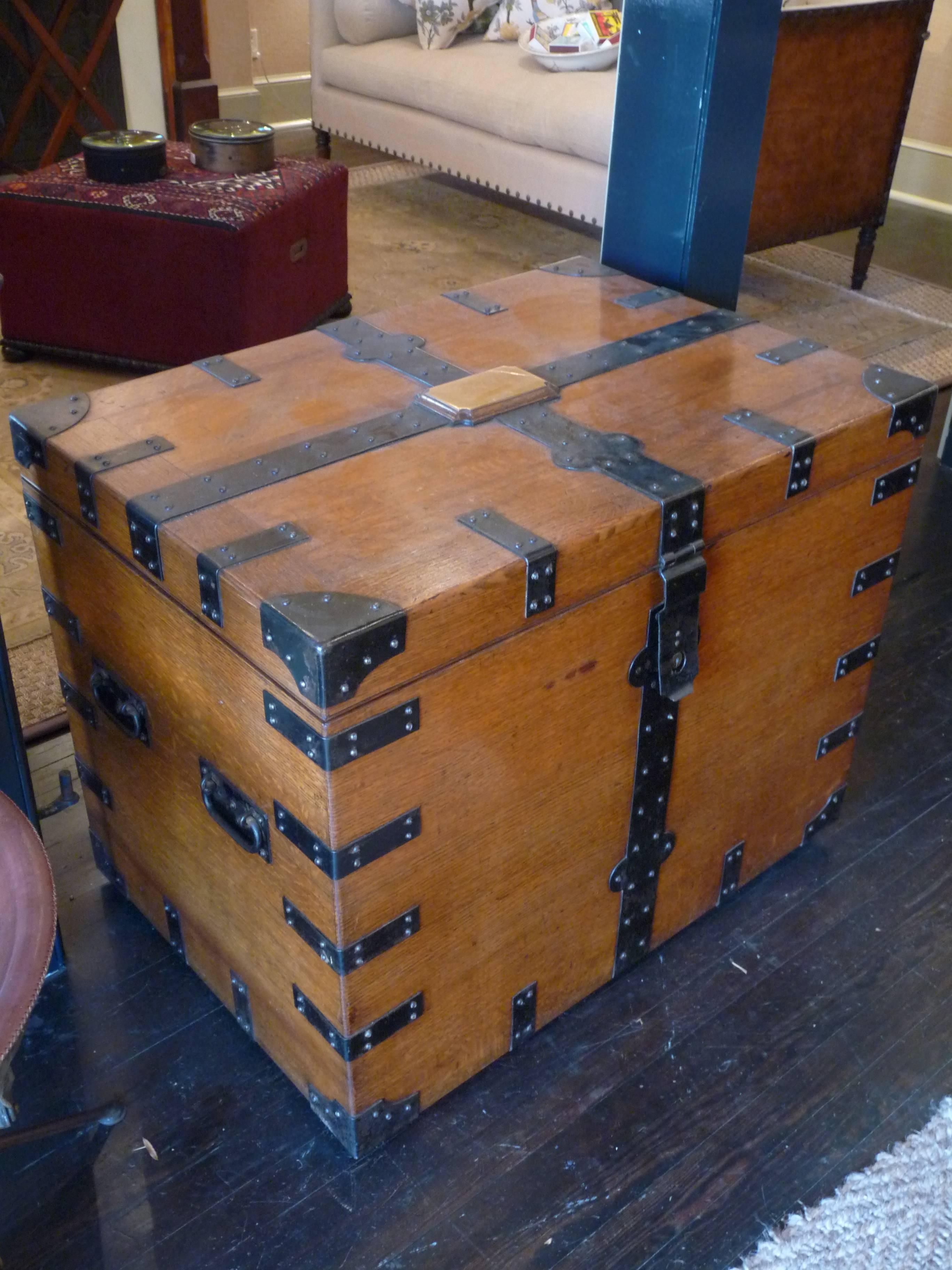 British Campaign Forged Iron Oak Silver Chest In Good Condition In Middleburg, VA