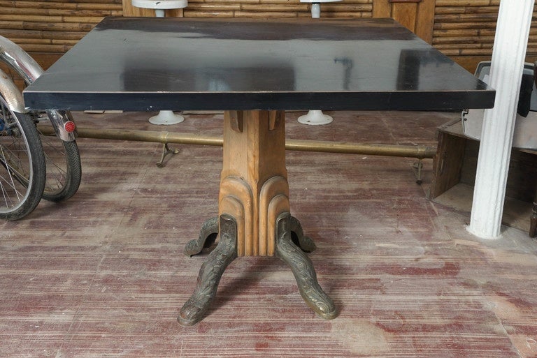 Table originally used in the Horn and Hardart Automat is in a combination of styles, Art Deco and Art Nouveau. Stripped.