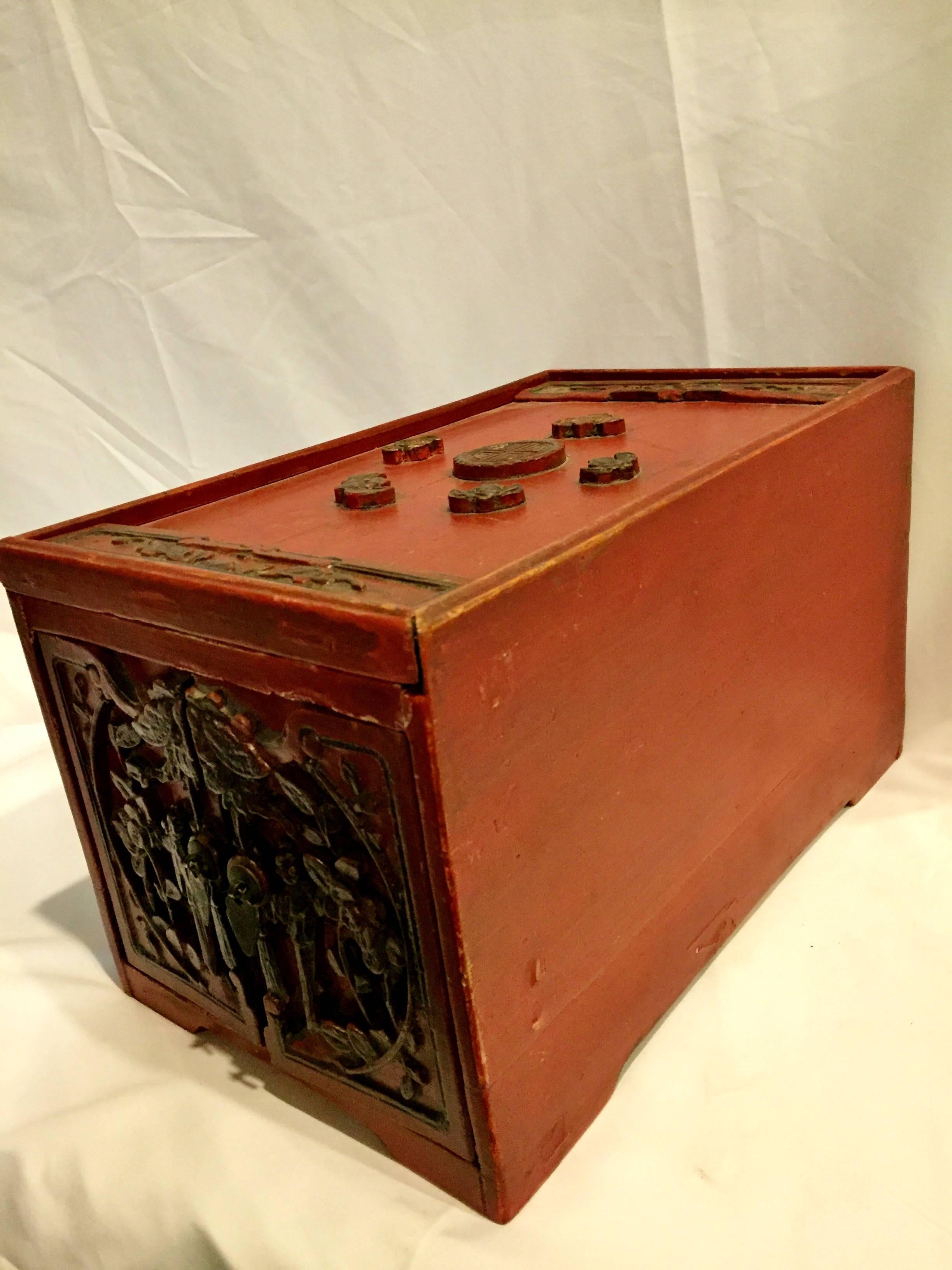 Carved 19th Century Jewelry Box, Chinese Red Lacquered