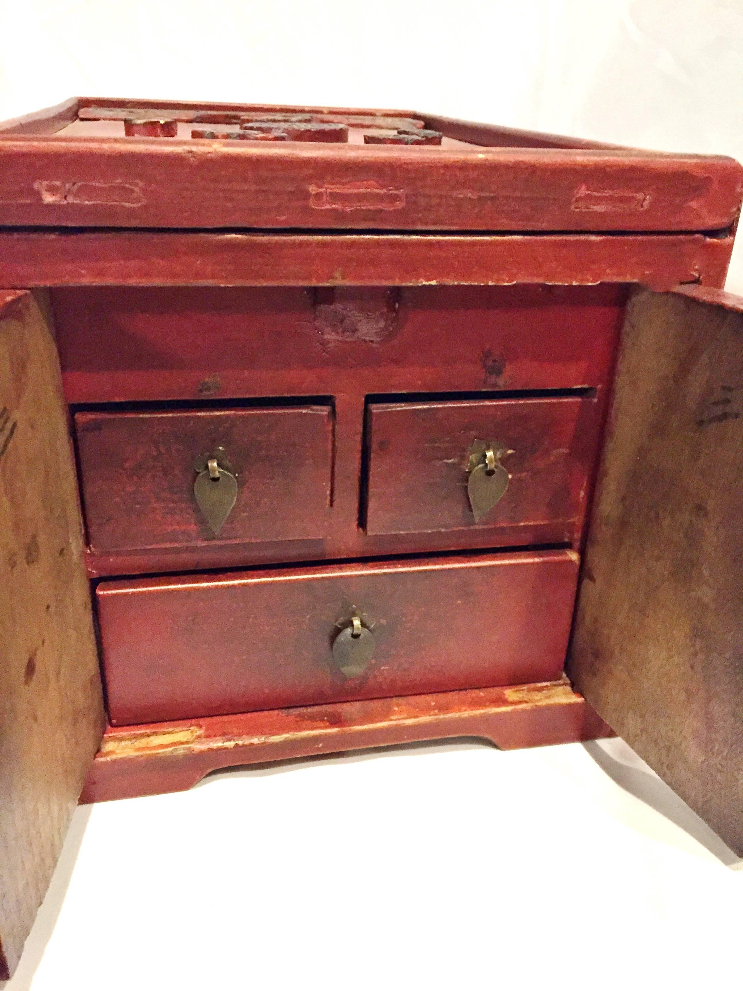 Wood 19th Century Jewelry Box, Chinese Red Lacquered