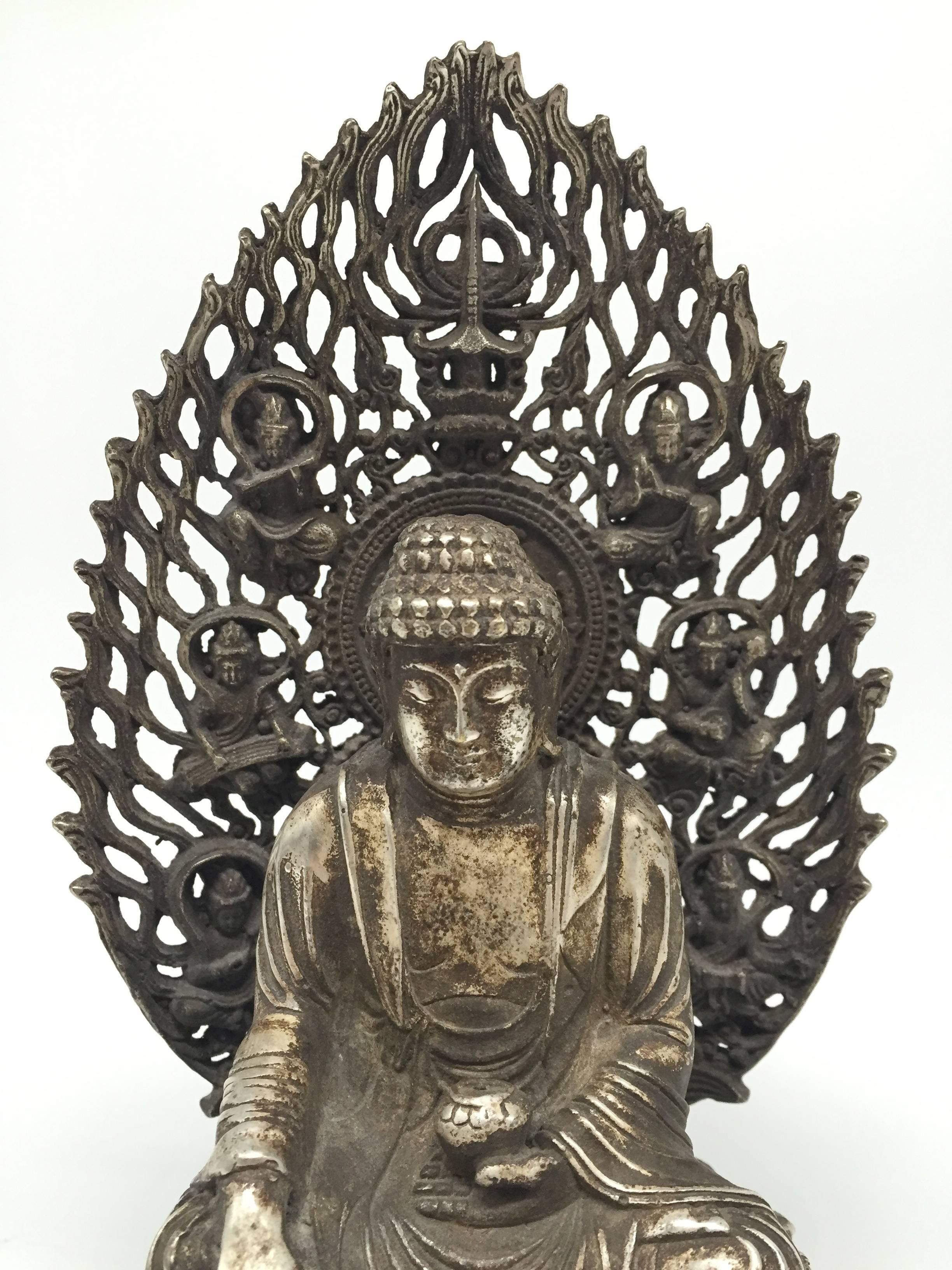 Chinese Silver Bronze Buddha with Flying Goddesses For Sale
