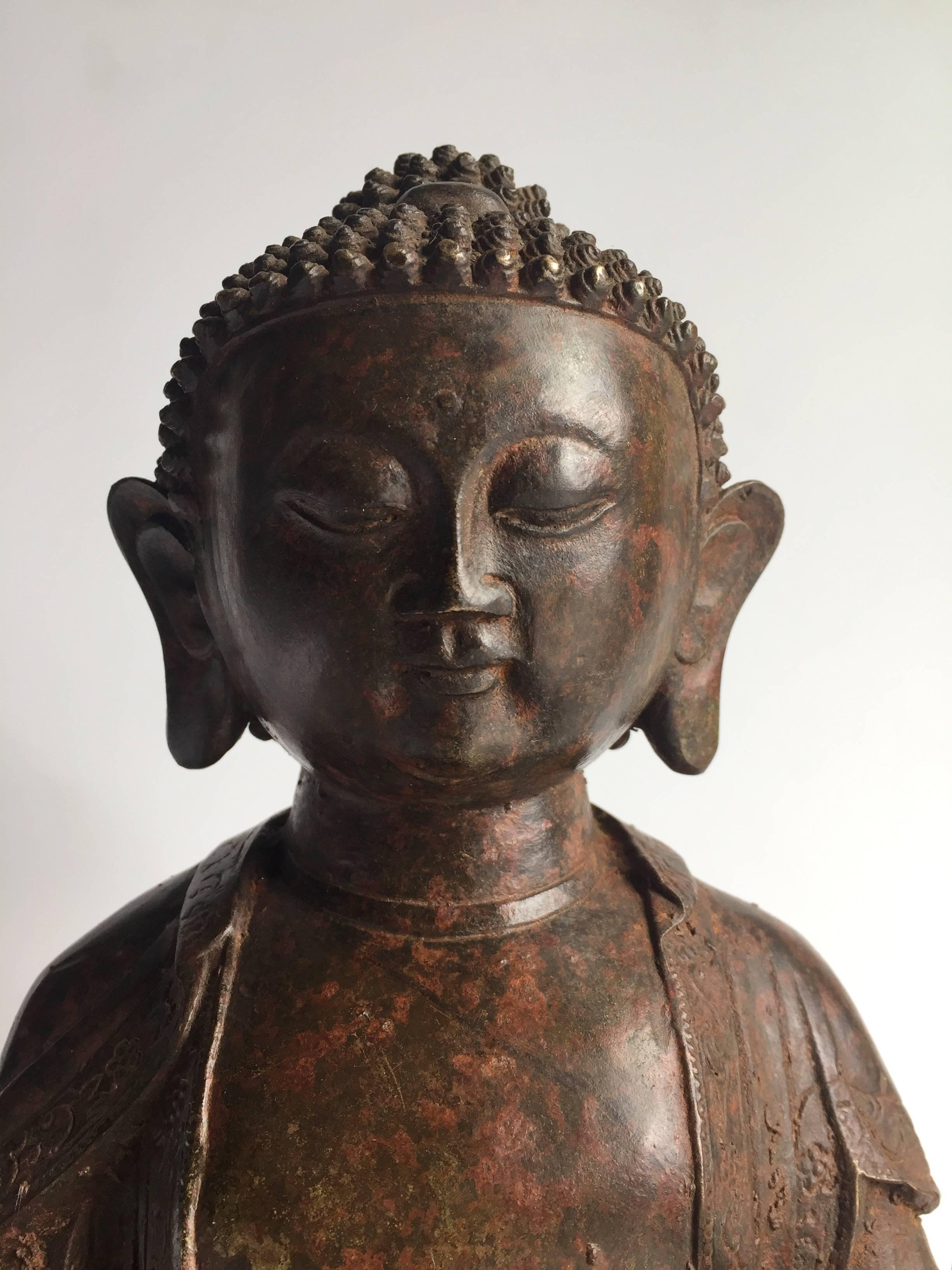 This is a very unique piece that is made of iron. 

The Buddha has a child like face and very serene expressions. His hand mudra is of the 