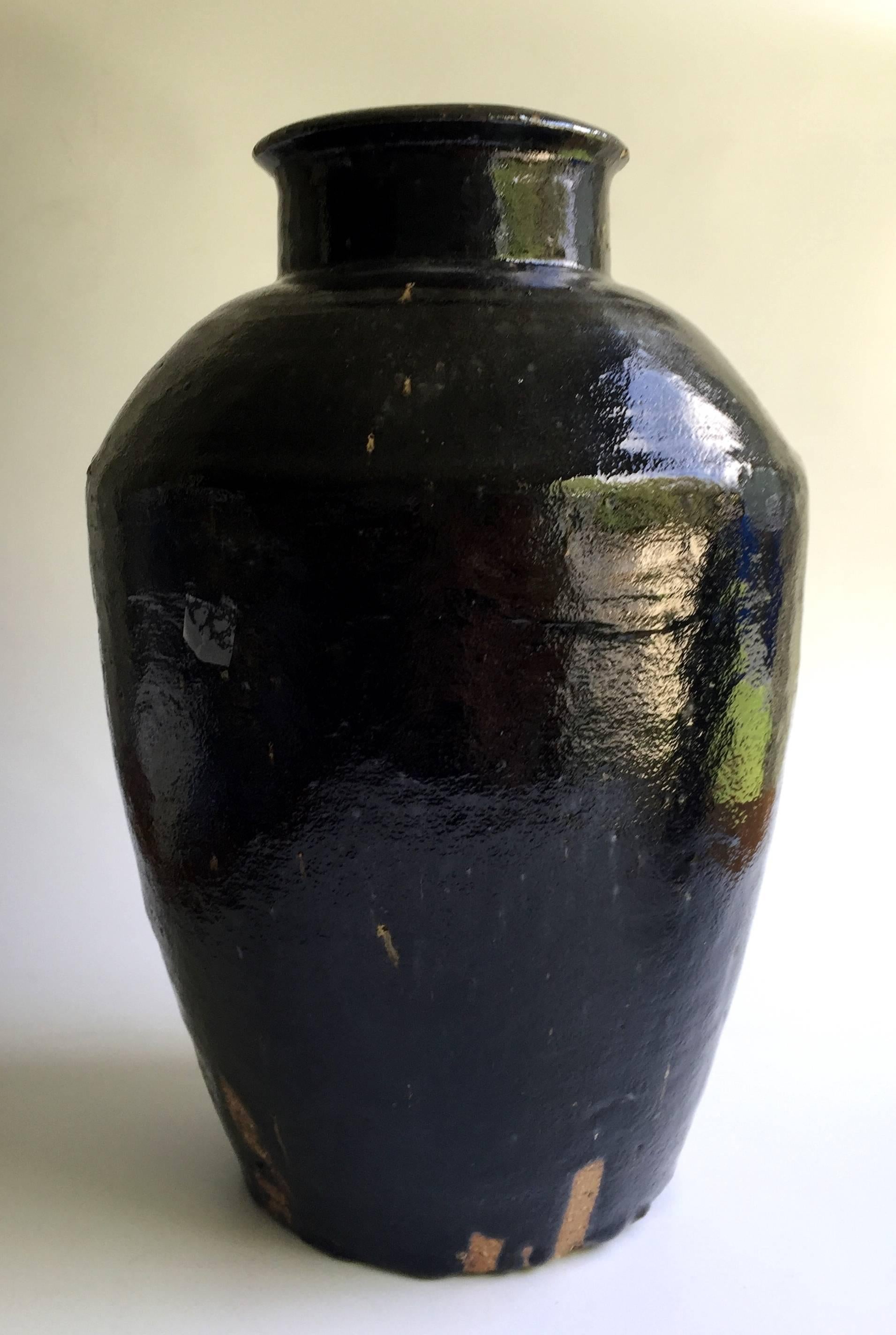 Chinese Set of Two Antique Black Pottery Jars For Sale